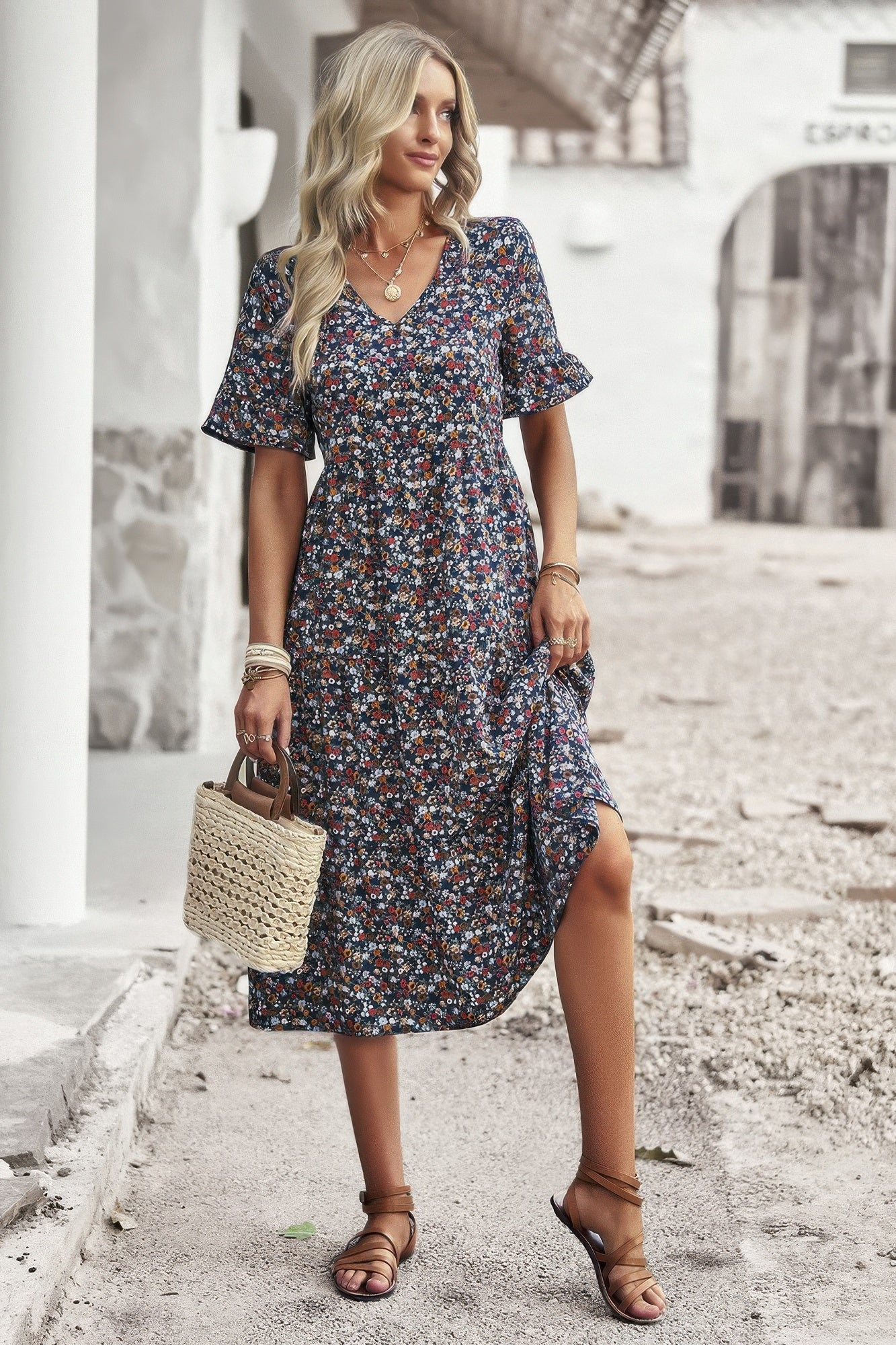 Boho Floral Ruffle Hem V Neck Short Sleeve Dress product image