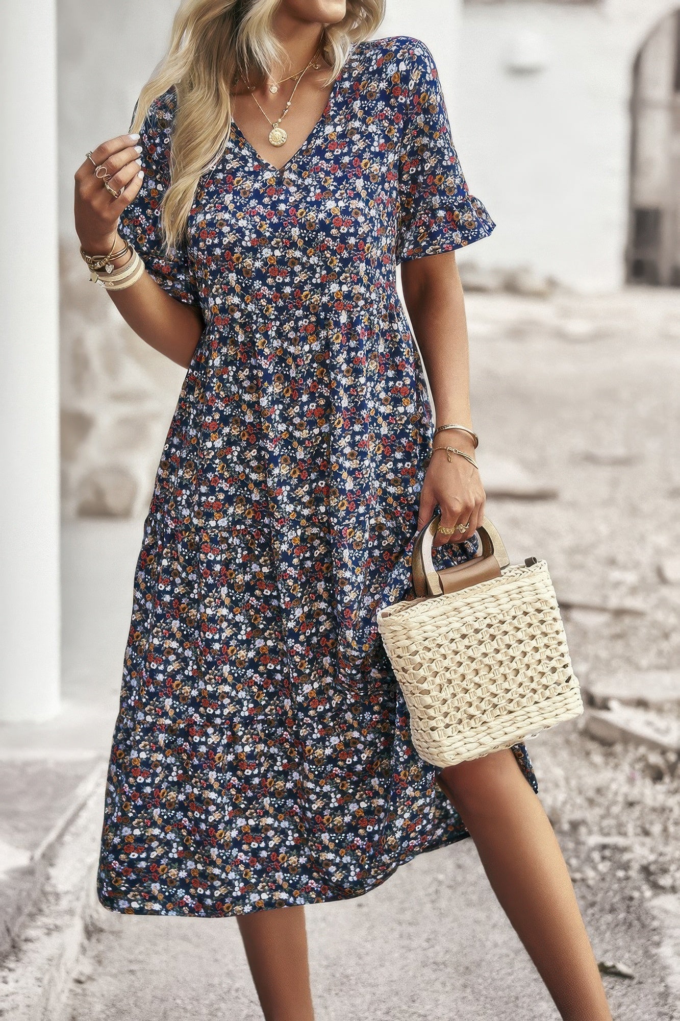 Boho Floral Ruffle Hem V Neck Short Sleeve Dress product image