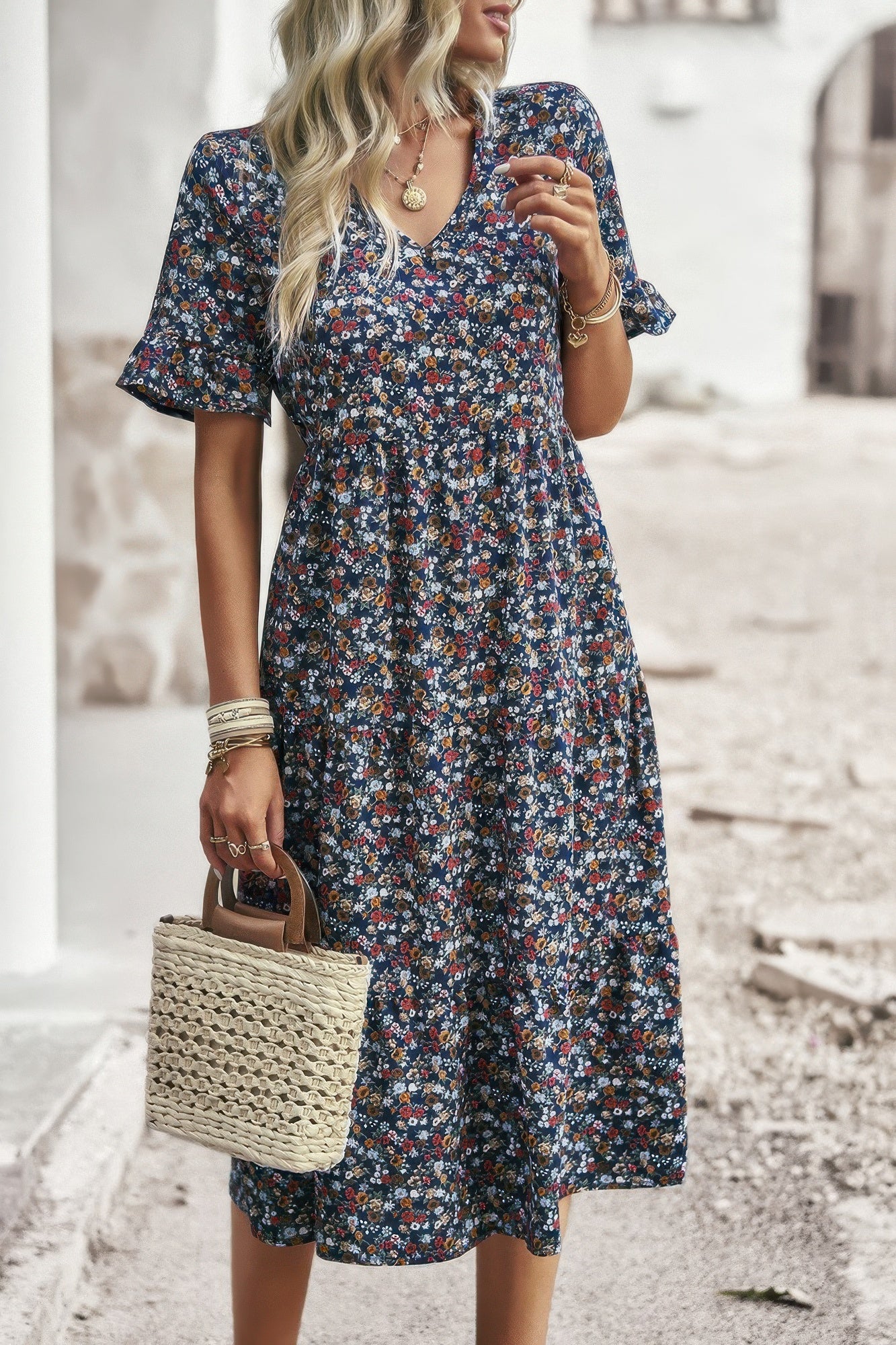 Boho Floral Ruffle Hem V Neck Short Sleeve Dress product image
