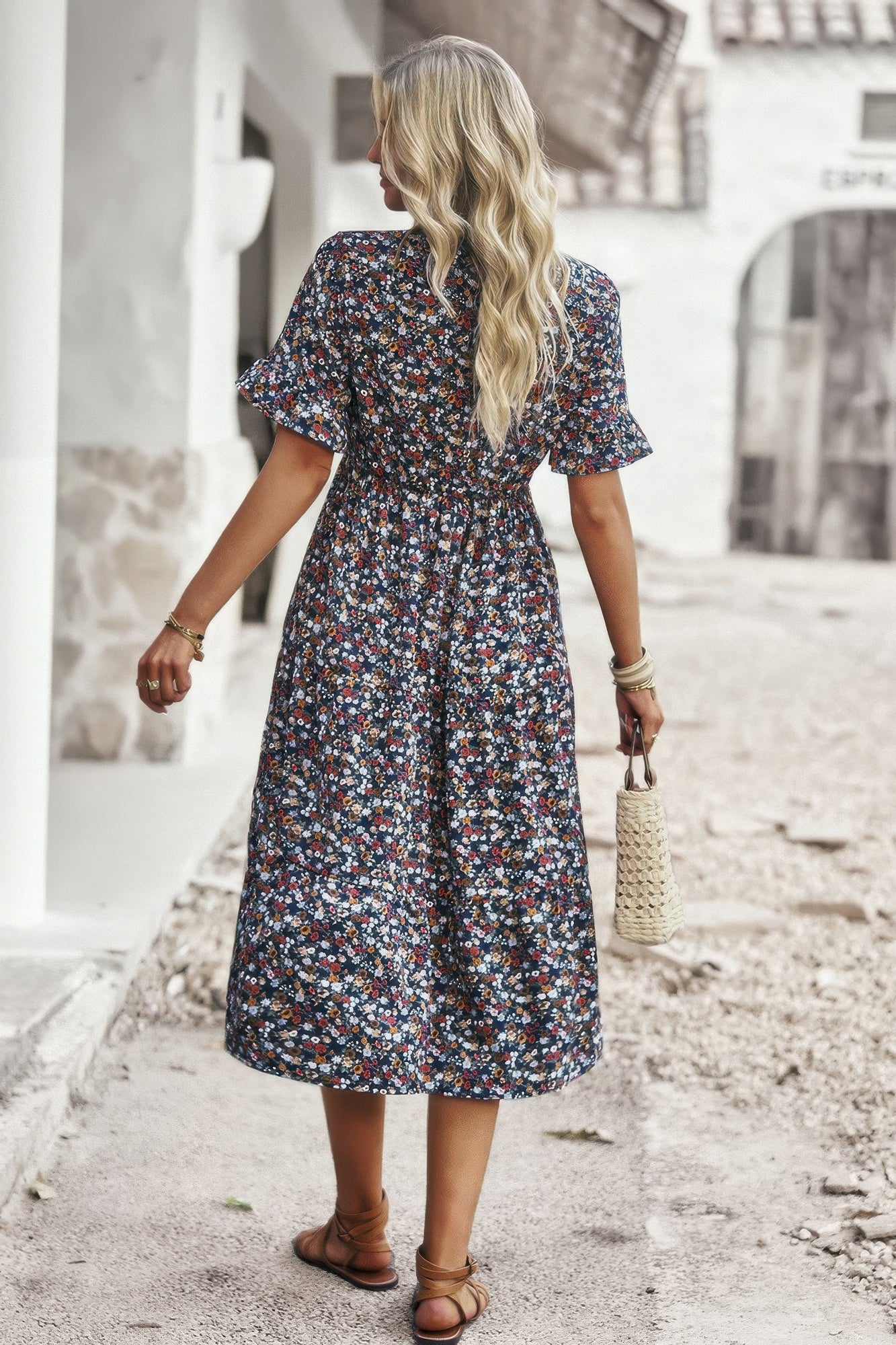 Boho Floral Ruffle Hem V Neck Short Sleeve Dress product image
