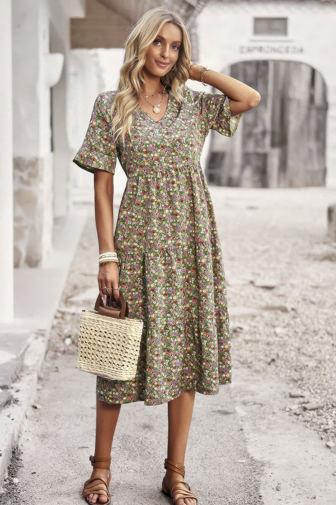 Boho Floral Ruffle Hem V Neck Short Sleeve Dress product image