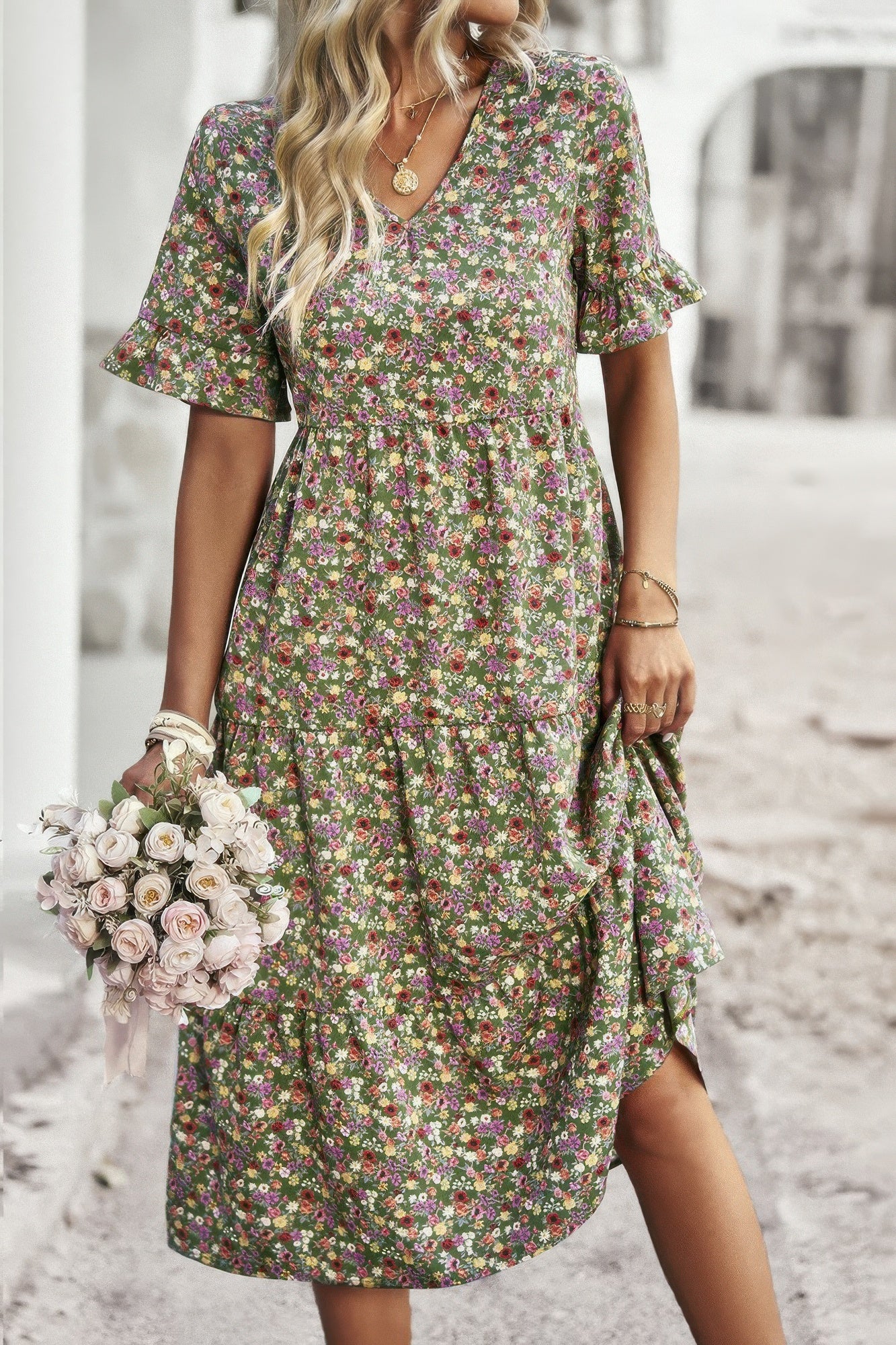 Boho Floral Ruffle Hem V Neck Short Sleeve Dress product image