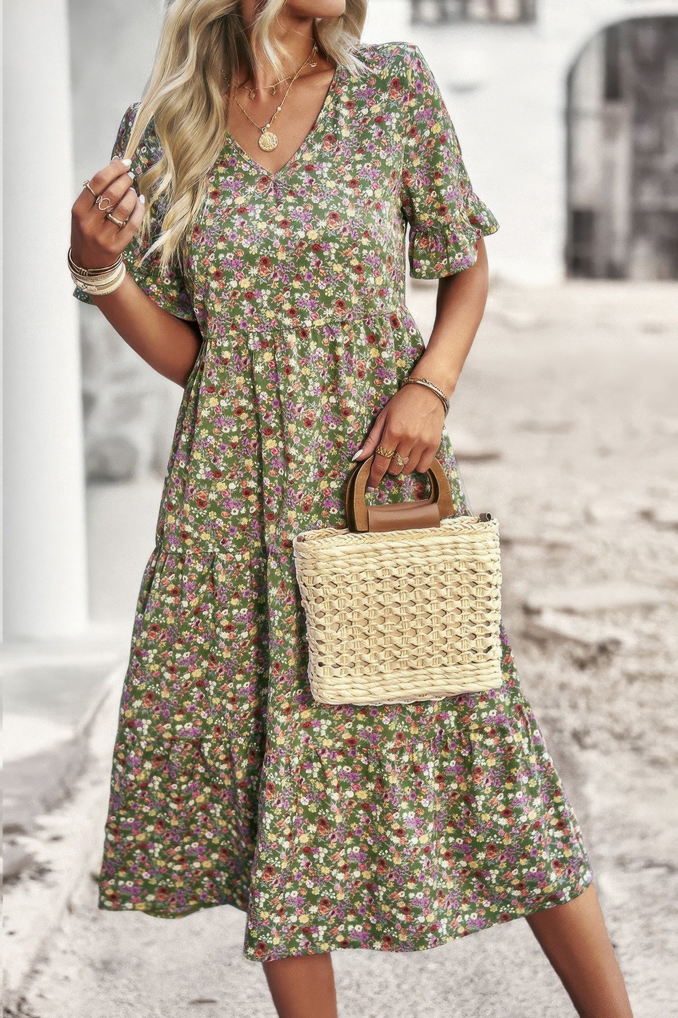 Boho Floral Ruffle Hem V Neck Short Sleeve Dress product image