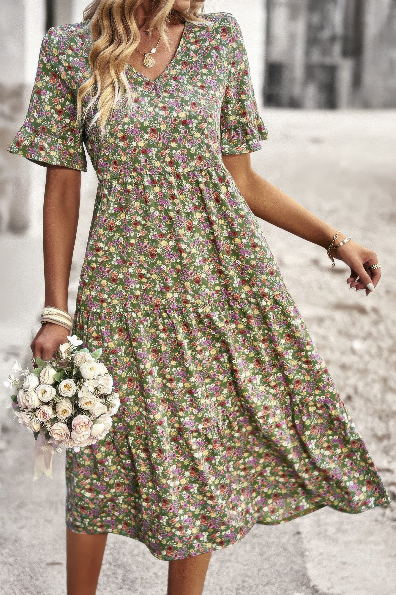 Boho Floral Ruffle Hem V Neck Short Sleeve Dress product image
