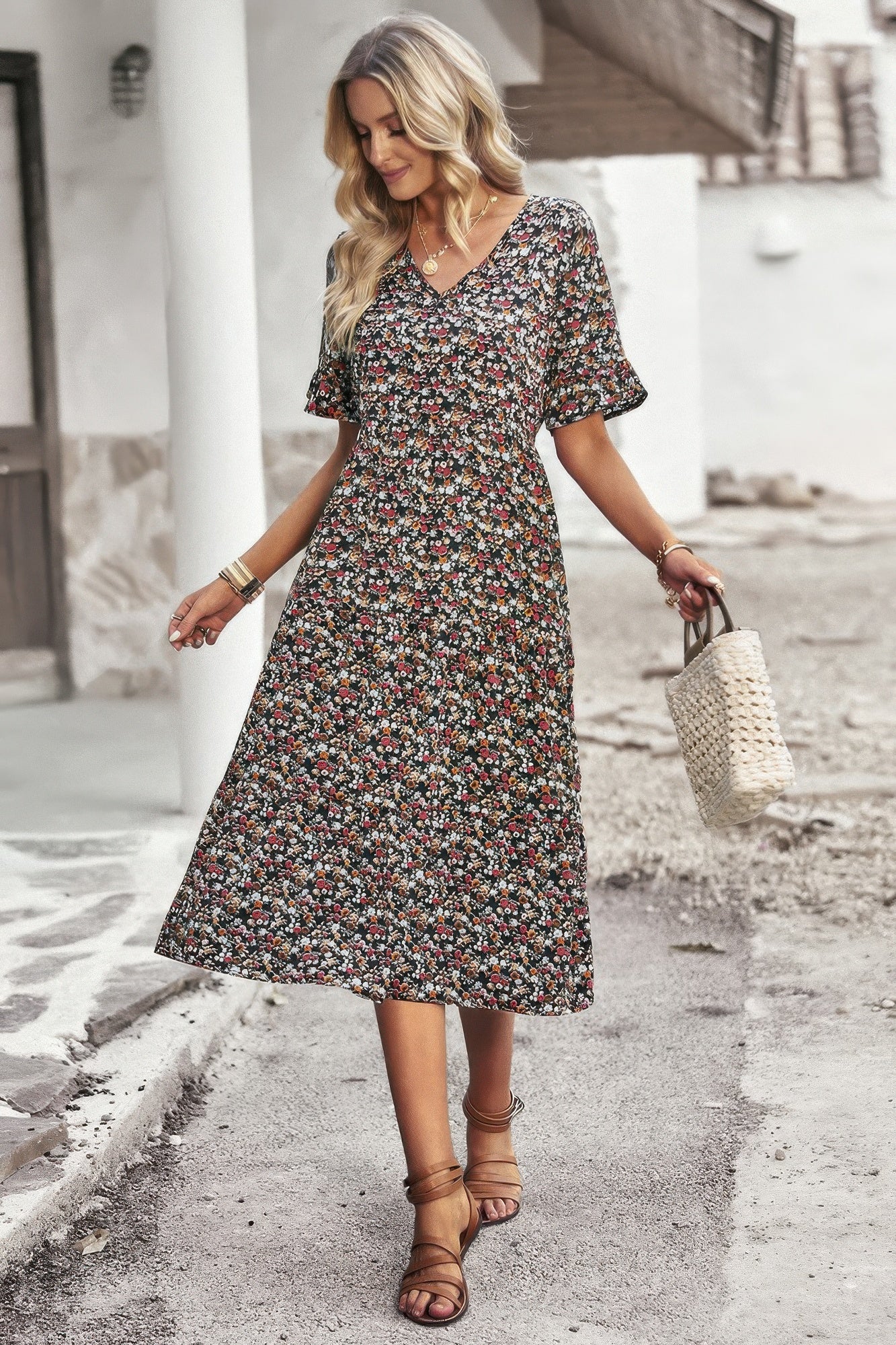 Boho Floral Ruffle Hem V Neck Short Sleeve Dress product image