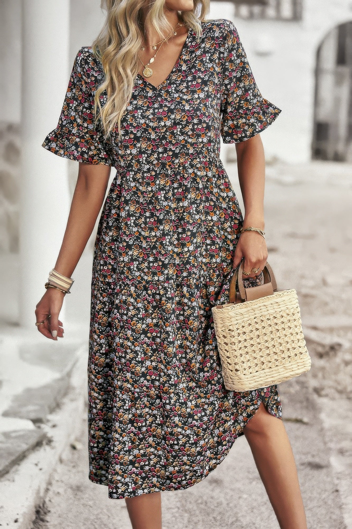 Boho Floral Ruffle Hem V Neck Short Sleeve Dress product image