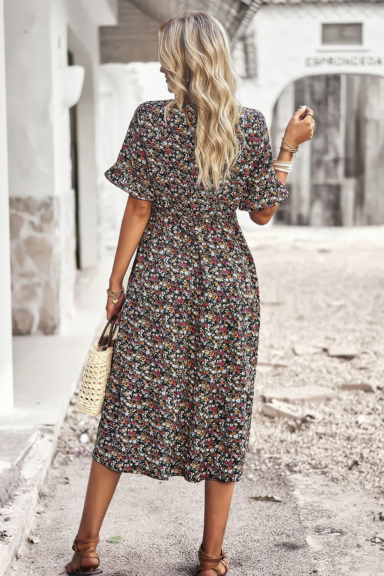 Boho Floral Ruffle Hem V Neck Short Sleeve Dress product image