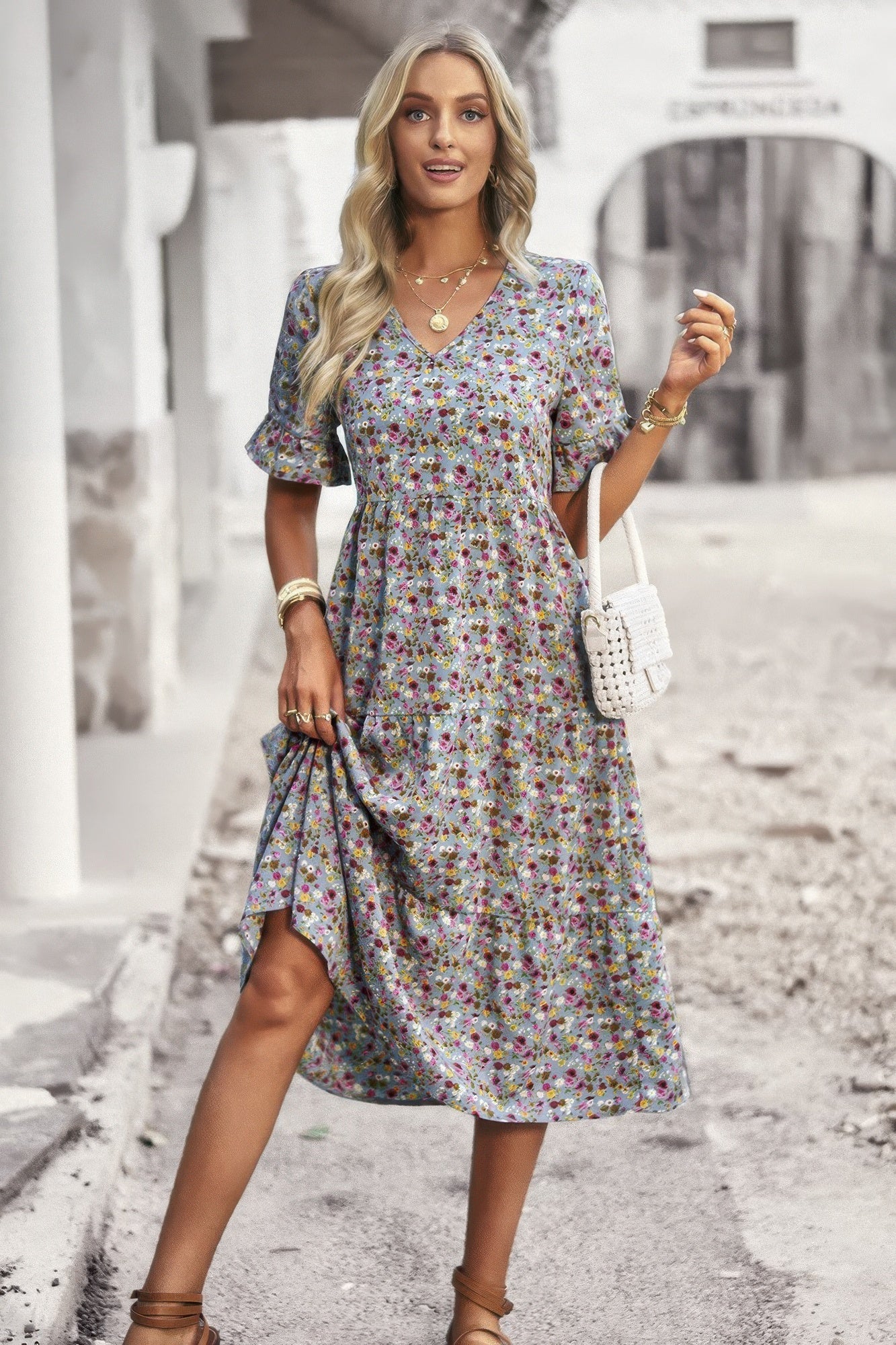 Boho Floral Ruffle Hem V Neck Short Sleeve Dress product image