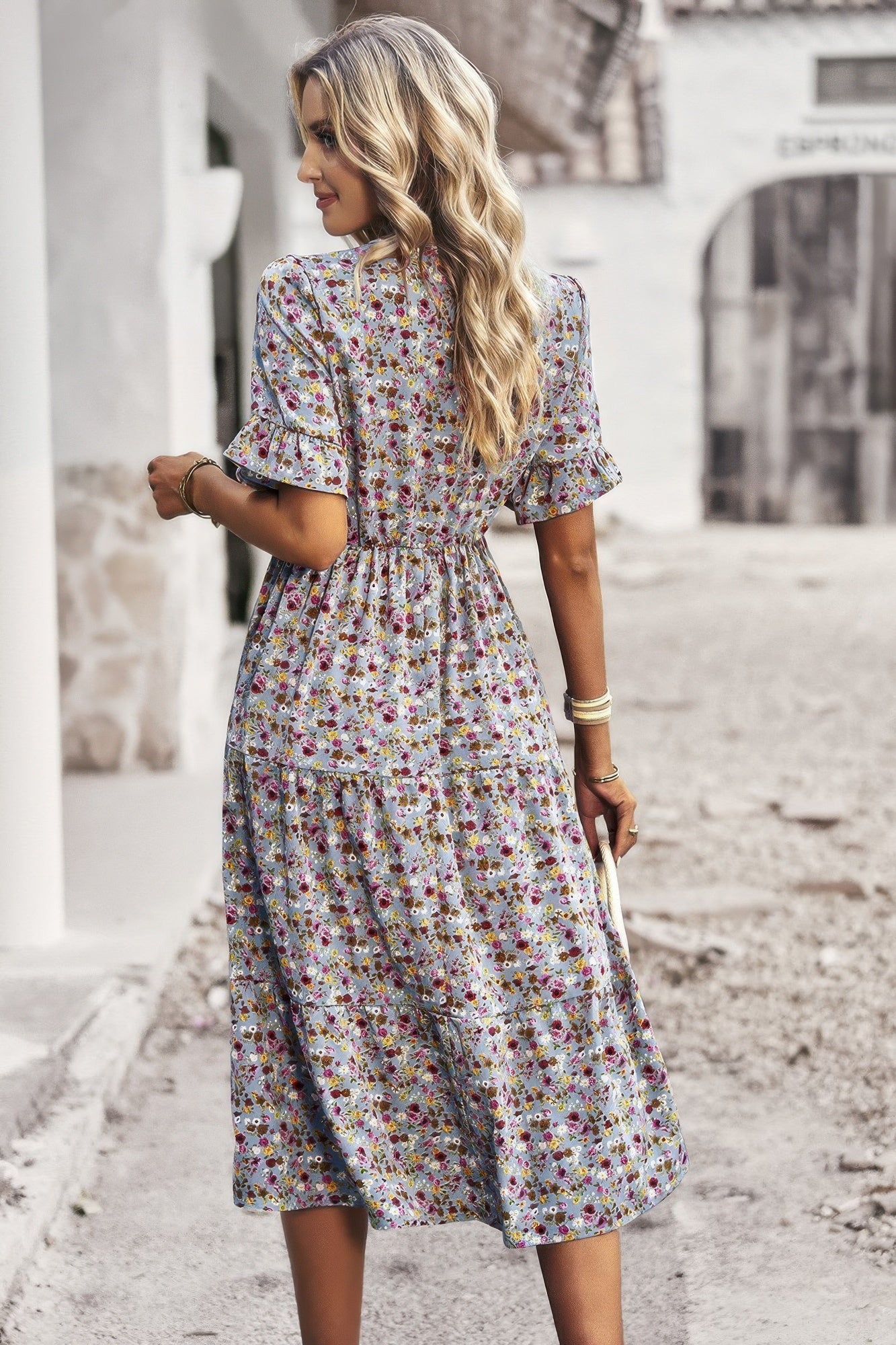 Boho Floral Ruffle Hem V Neck Short Sleeve Dress product image
