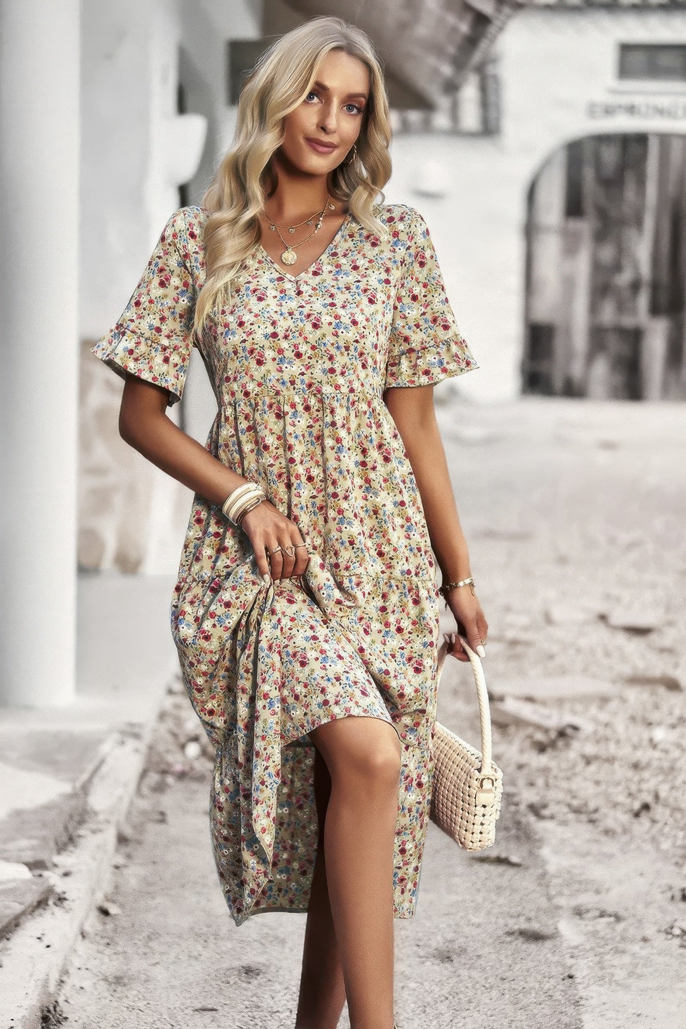 Boho Floral Ruffle Hem V Neck Short Sleeve Dress product image