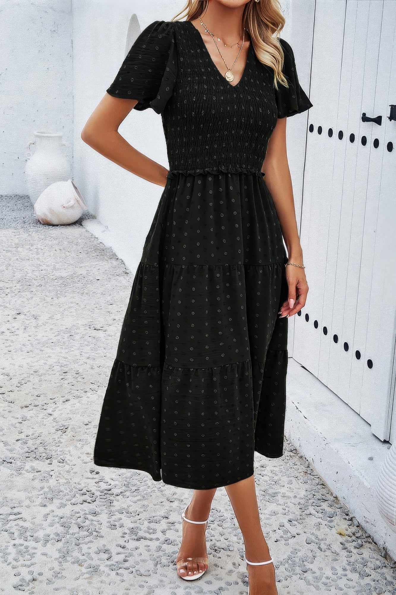 Elegant Ruched V Neck Short Sleeve Pleated Dress product image