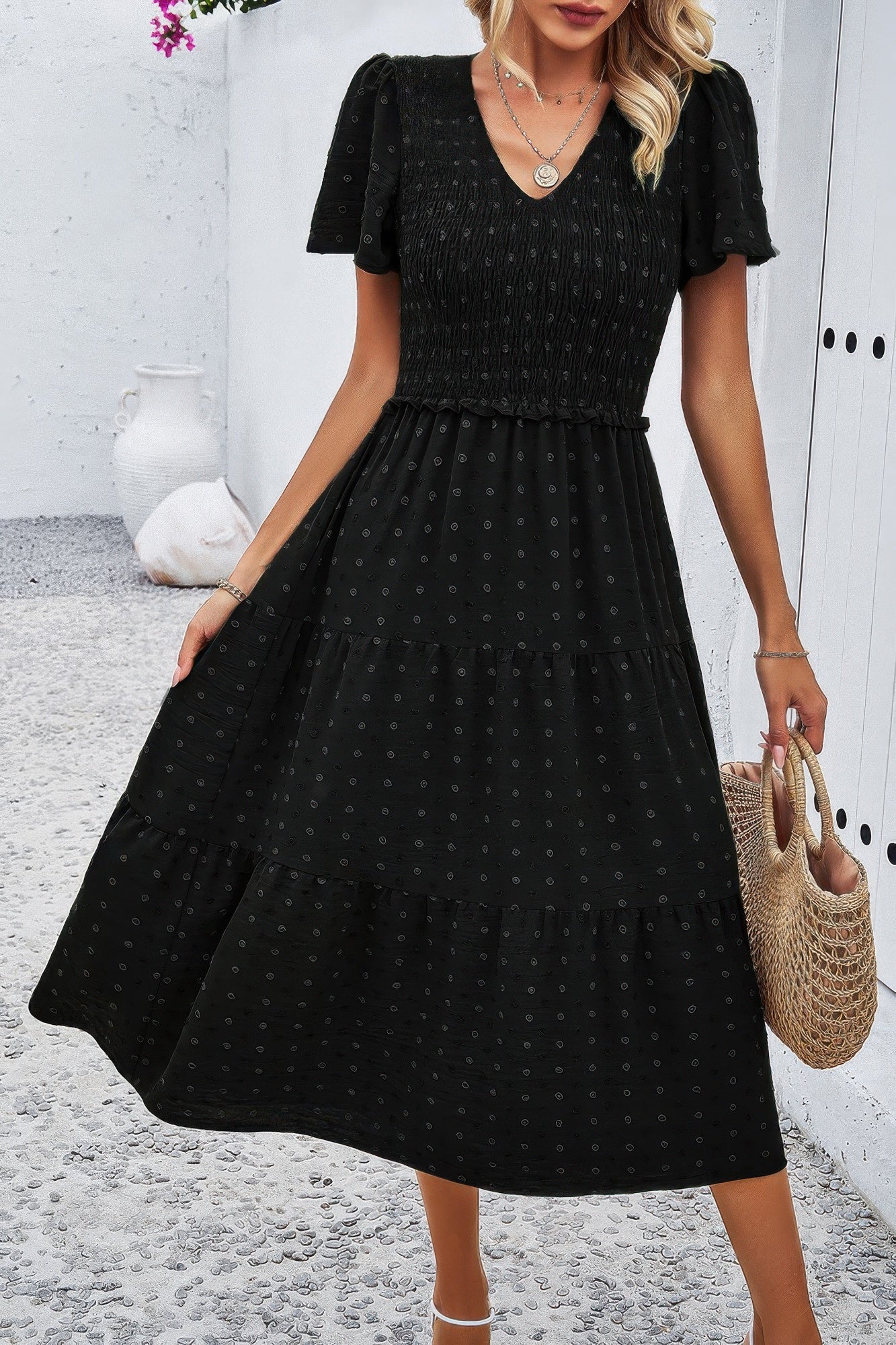 Elegant Ruched V Neck Short Sleeve Pleated Dress product image