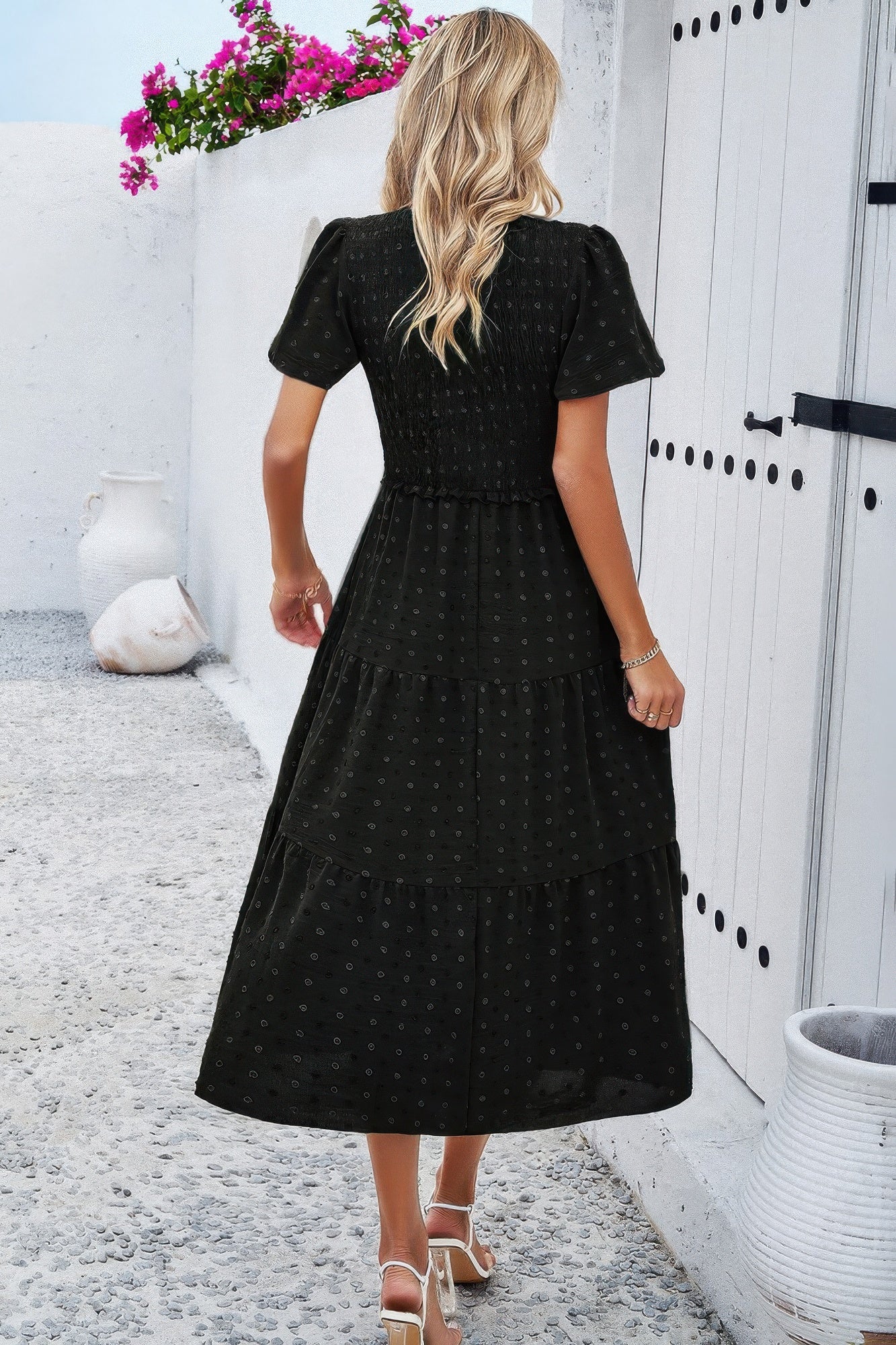 Elegant Ruched V Neck Short Sleeve Pleated Dress product image