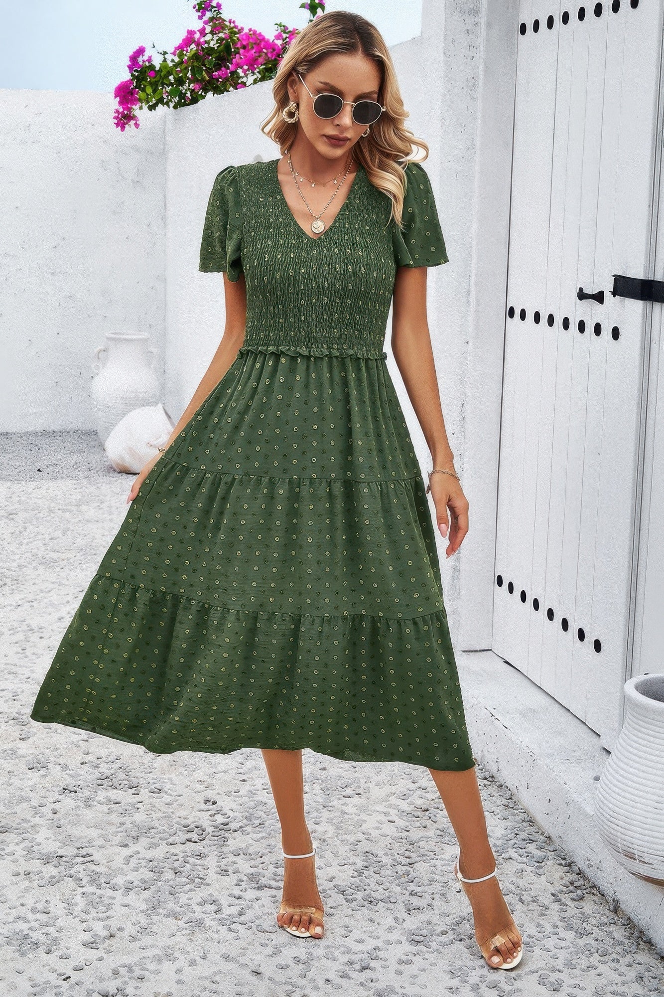 Elegant Ruched V Neck Short Sleeve Pleated Dress product image