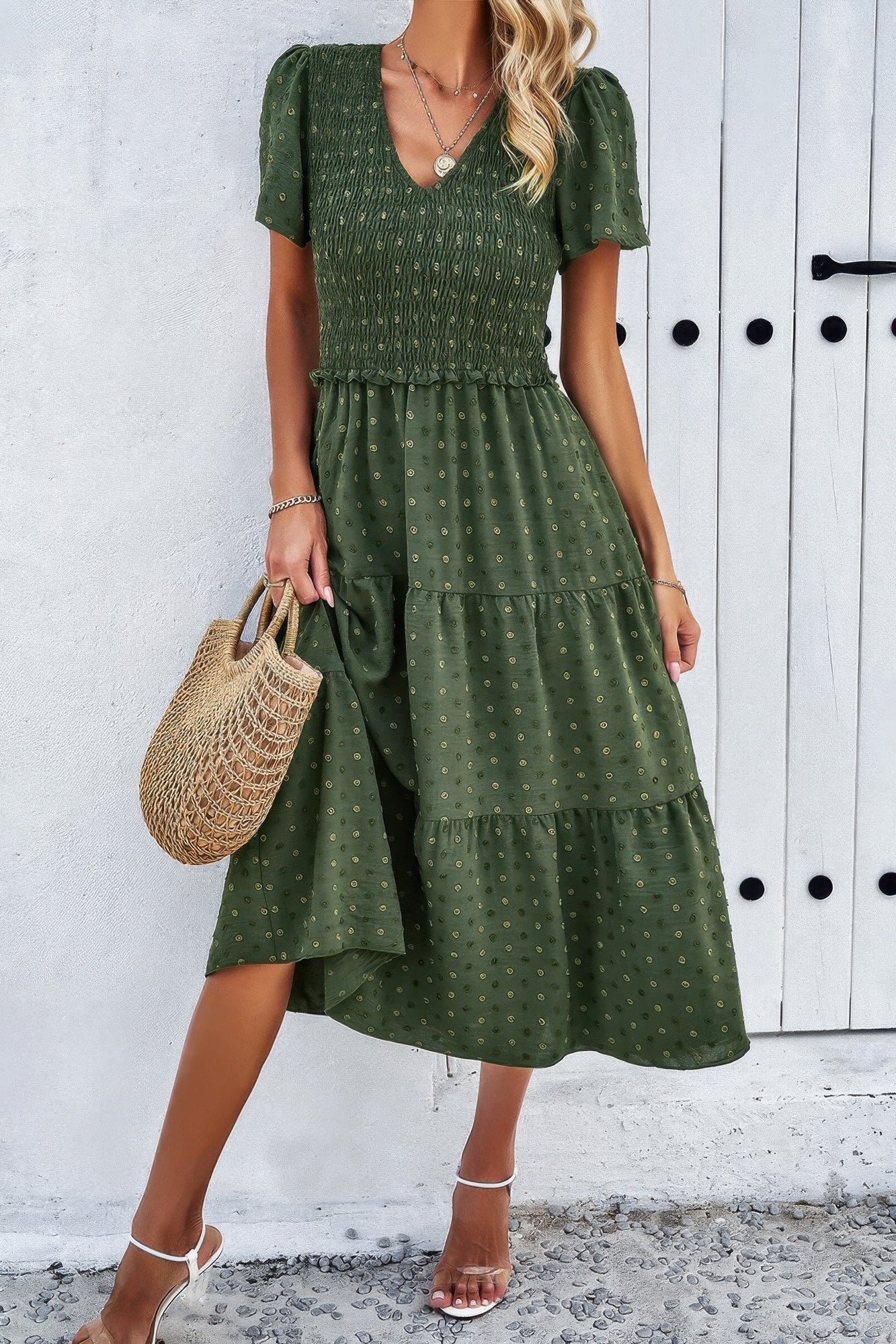 Elegant Ruched V Neck Short Sleeve Pleated Dress product image