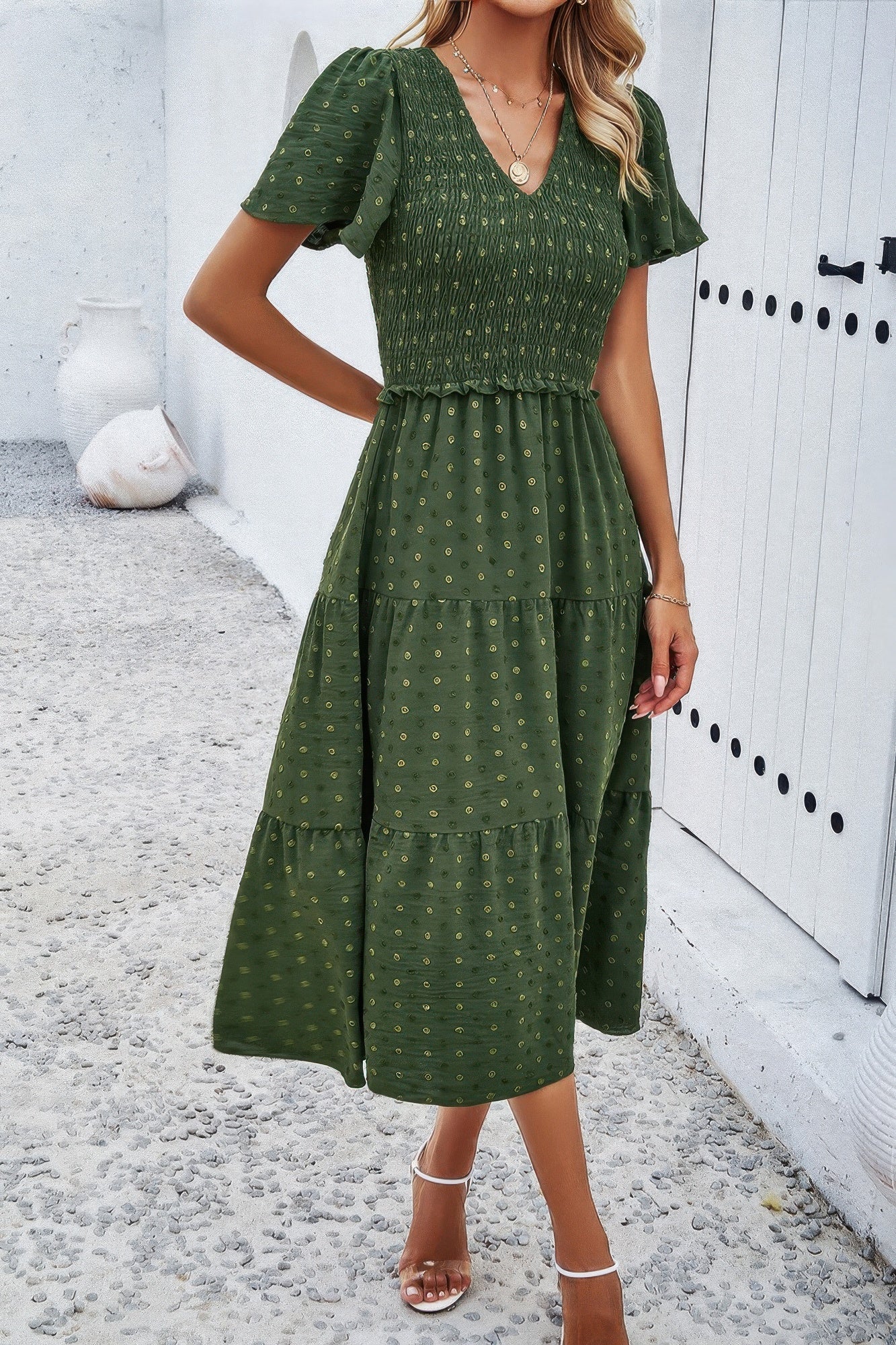 Elegant Ruched V Neck Short Sleeve Pleated Dress product image