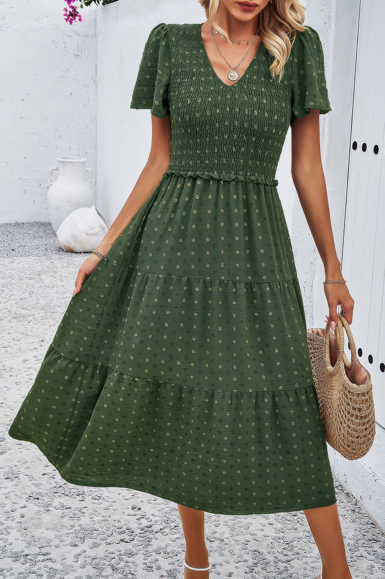Elegant Ruched V Neck Short Sleeve Pleated Dress product image