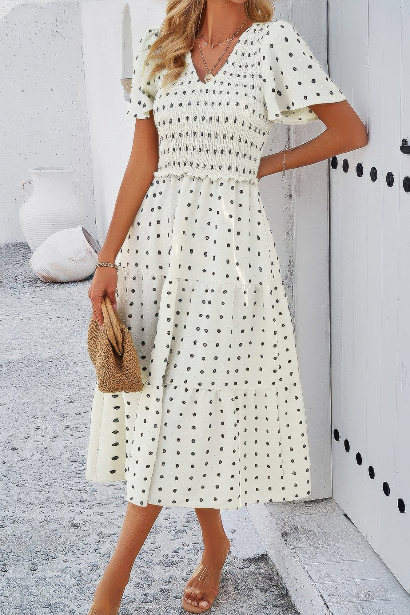 Elegant Ruched V Neck Short Sleeve Pleated Dress product image