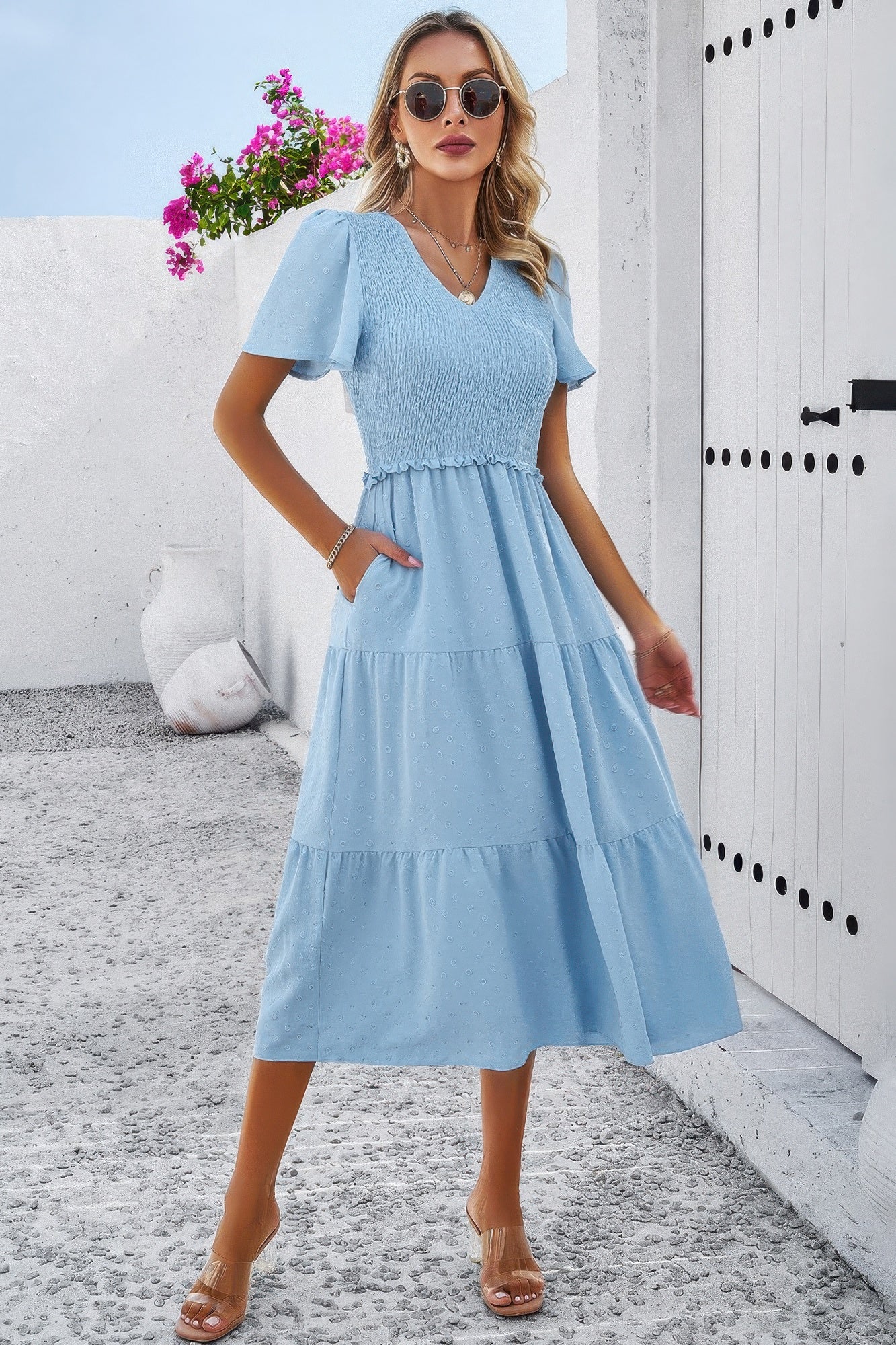 Elegant Ruched V Neck Short Sleeve Pleated Dress product image