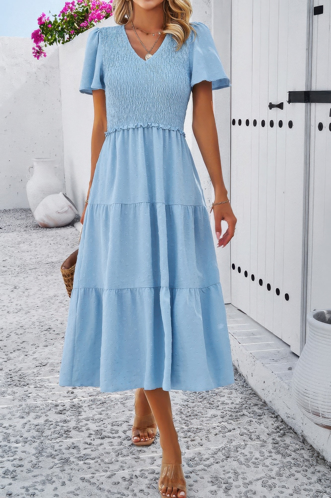 Elegant Ruched V Neck Short Sleeve Pleated Dress product image