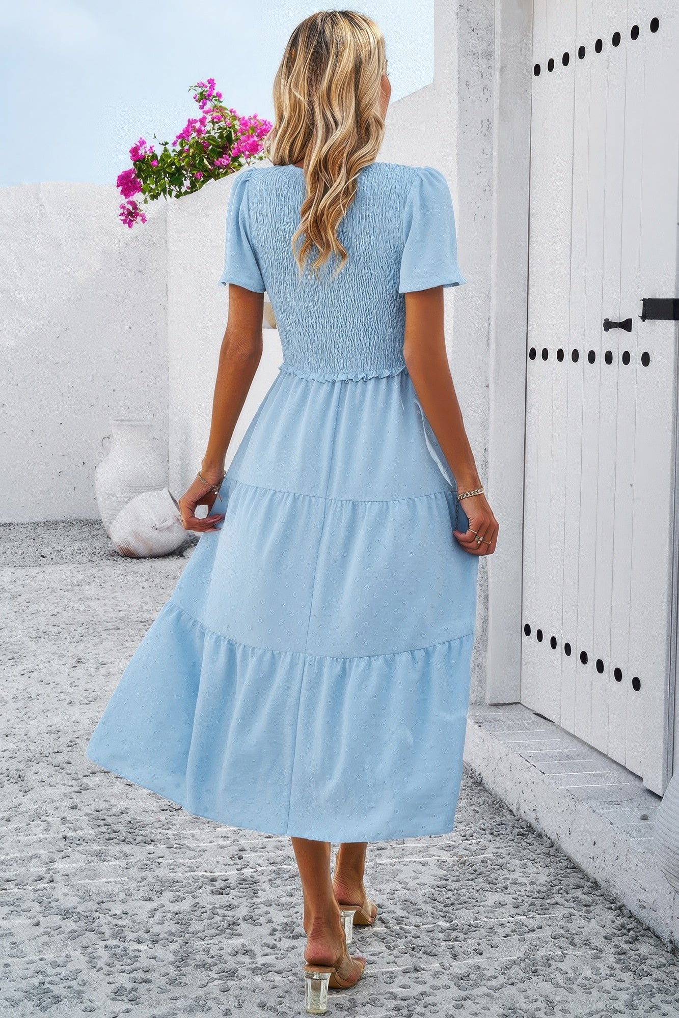 Elegant Ruched V Neck Short Sleeve Pleated Dress product image