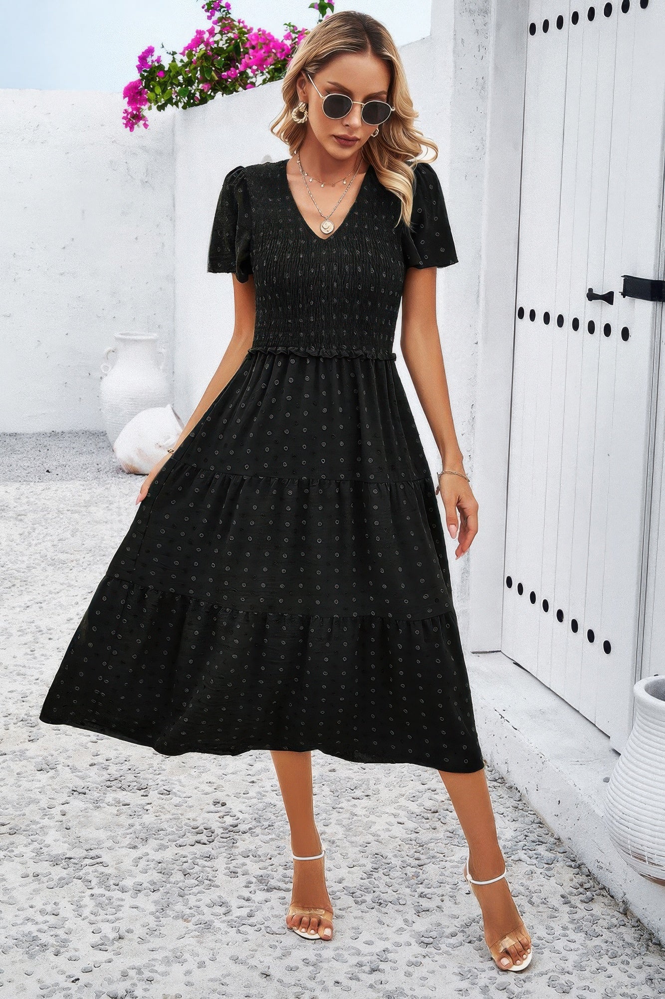 Elegant Ruched V Neck Short Sleeve Pleated Dress product image