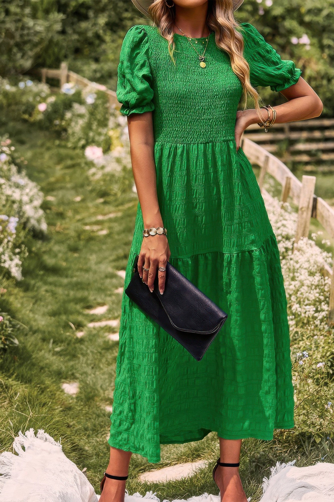 Pleated Tiered Solid Short Puff Sleeve A Line Dres product image