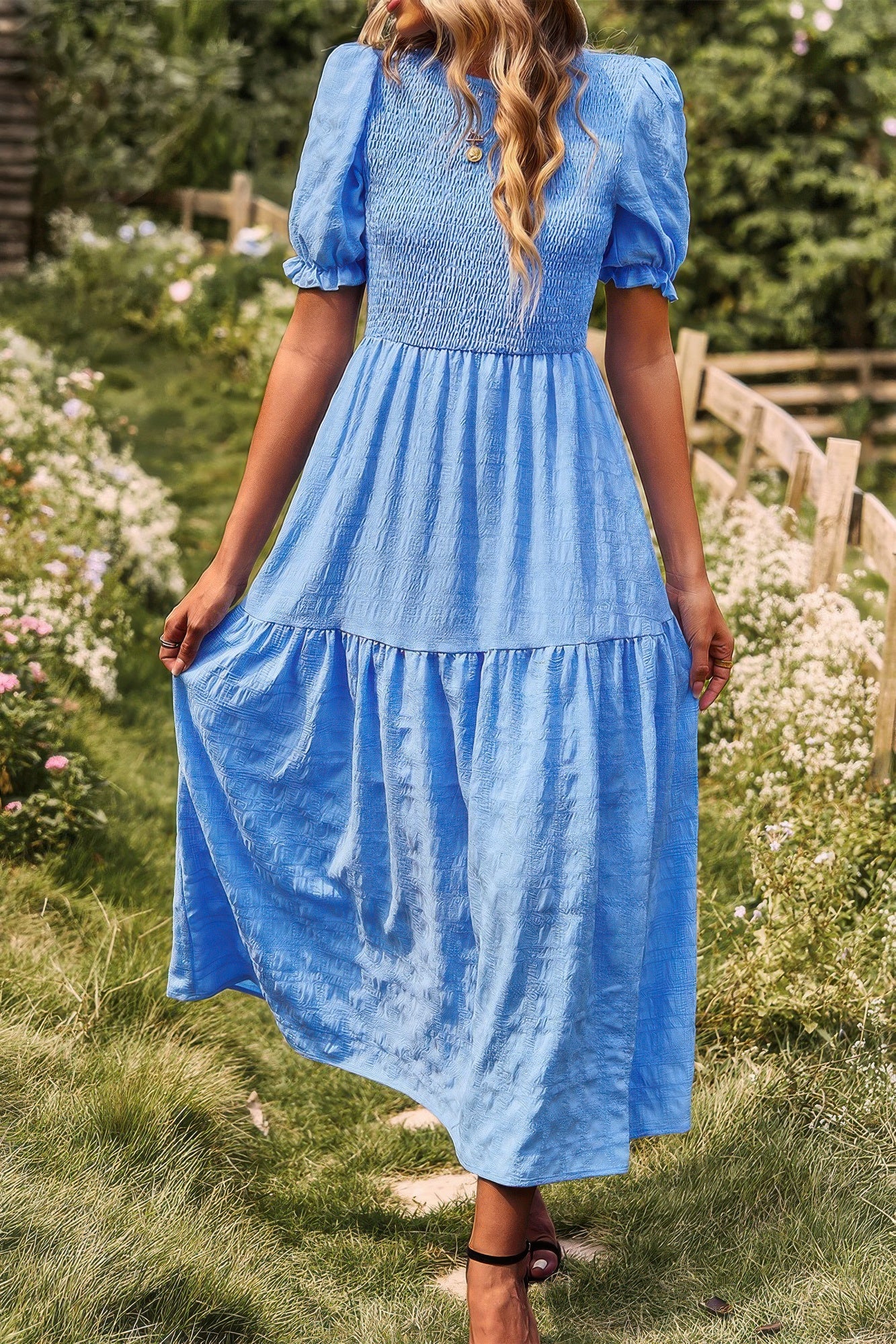 Pleated Tiered Solid Short Puff Sleeve A Line Dres product image