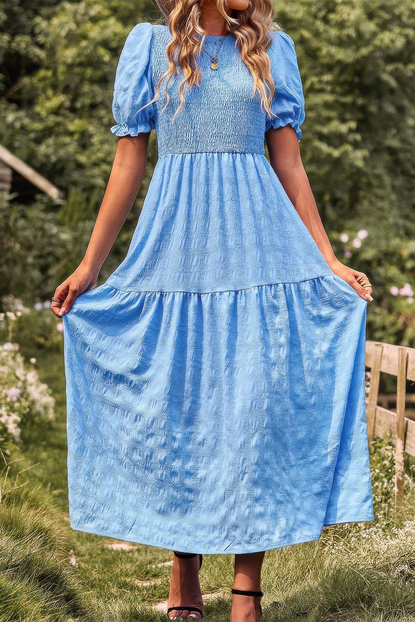 Pleated Tiered Solid Short Puff Sleeve A Line Dres product image