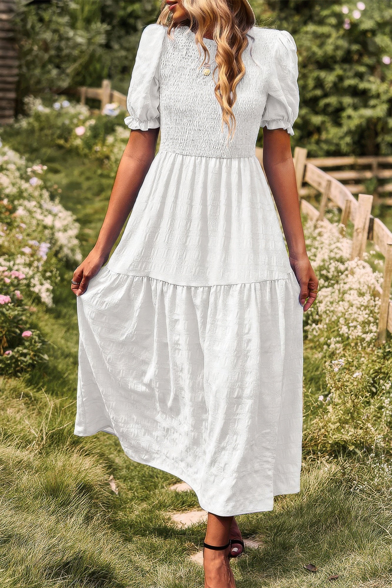 Pleated Tiered Solid Short Puff Sleeve A Line Dres product image