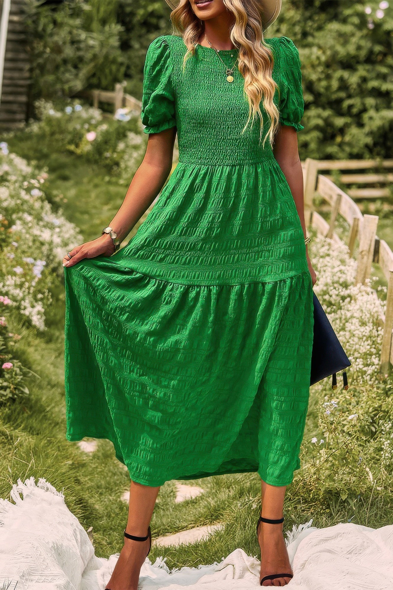 Pleated Tiered Solid Short Puff Sleeve A Line Dres product image