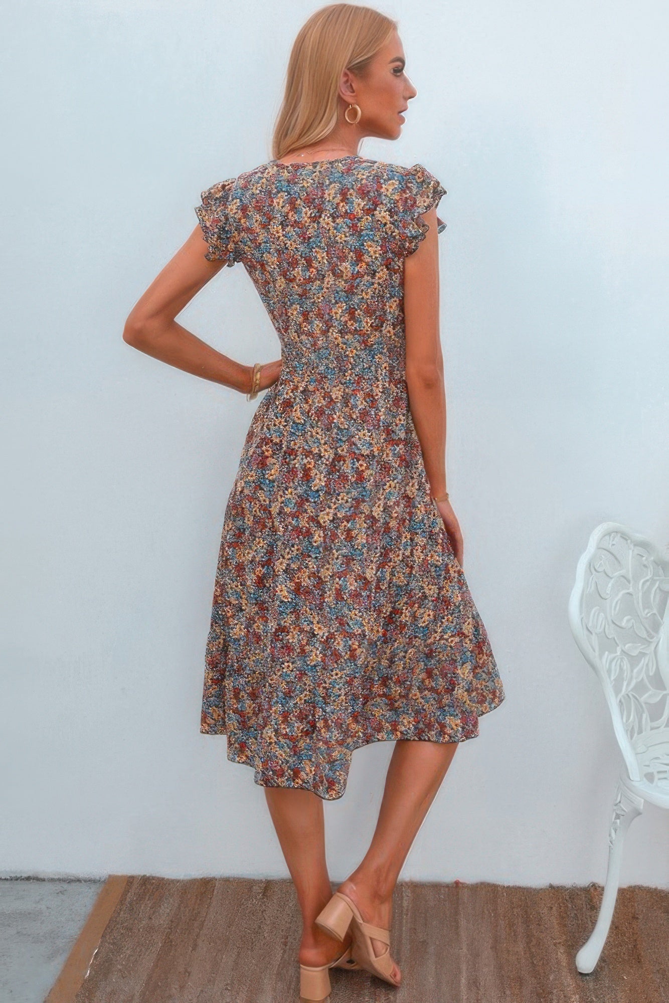 Boho Floral V Neck Ruffle Sleeve A Line Midi Dress product image