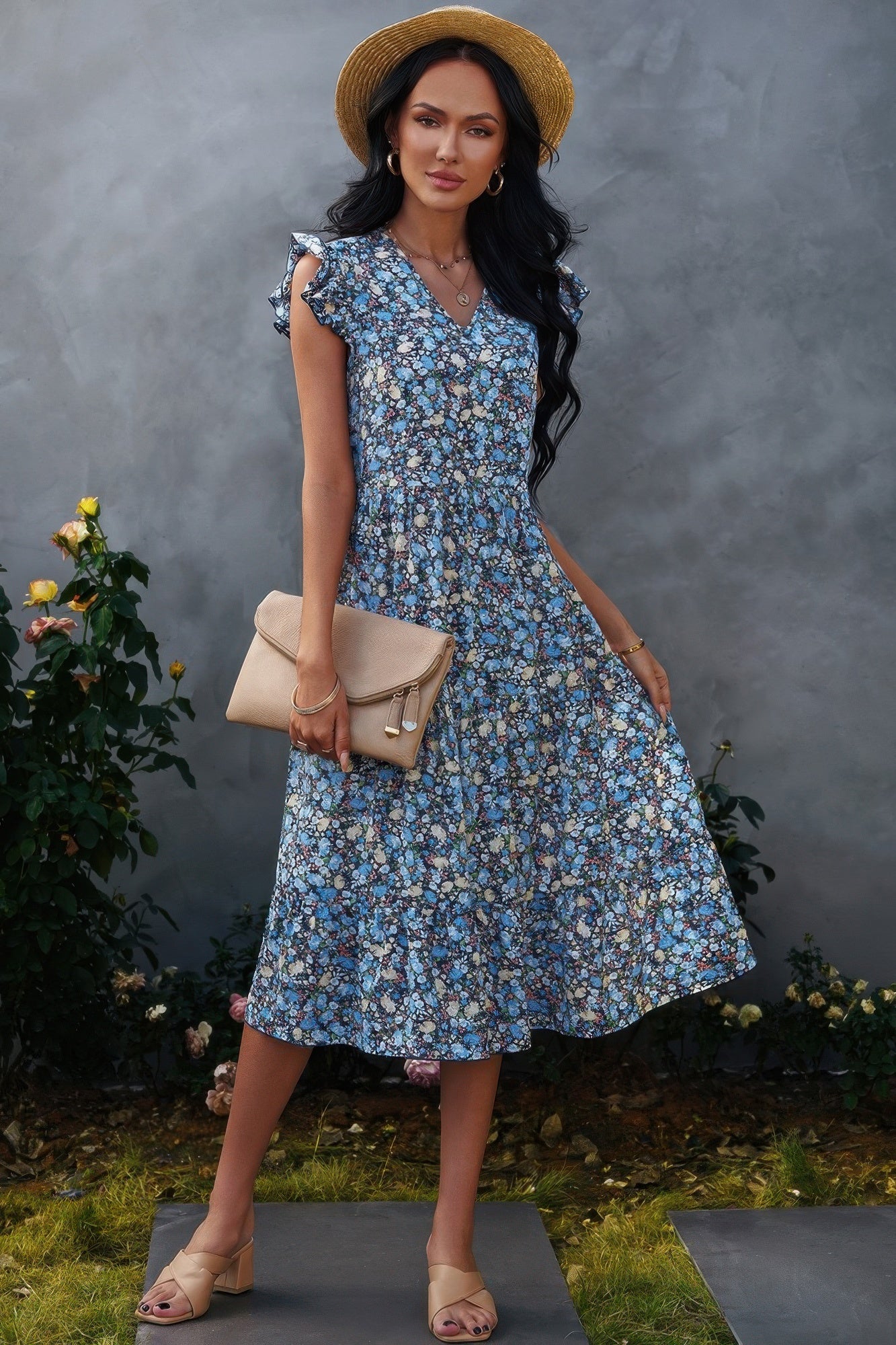 Boho Floral V Neck Ruffle Sleeve A Line Midi Dress product image