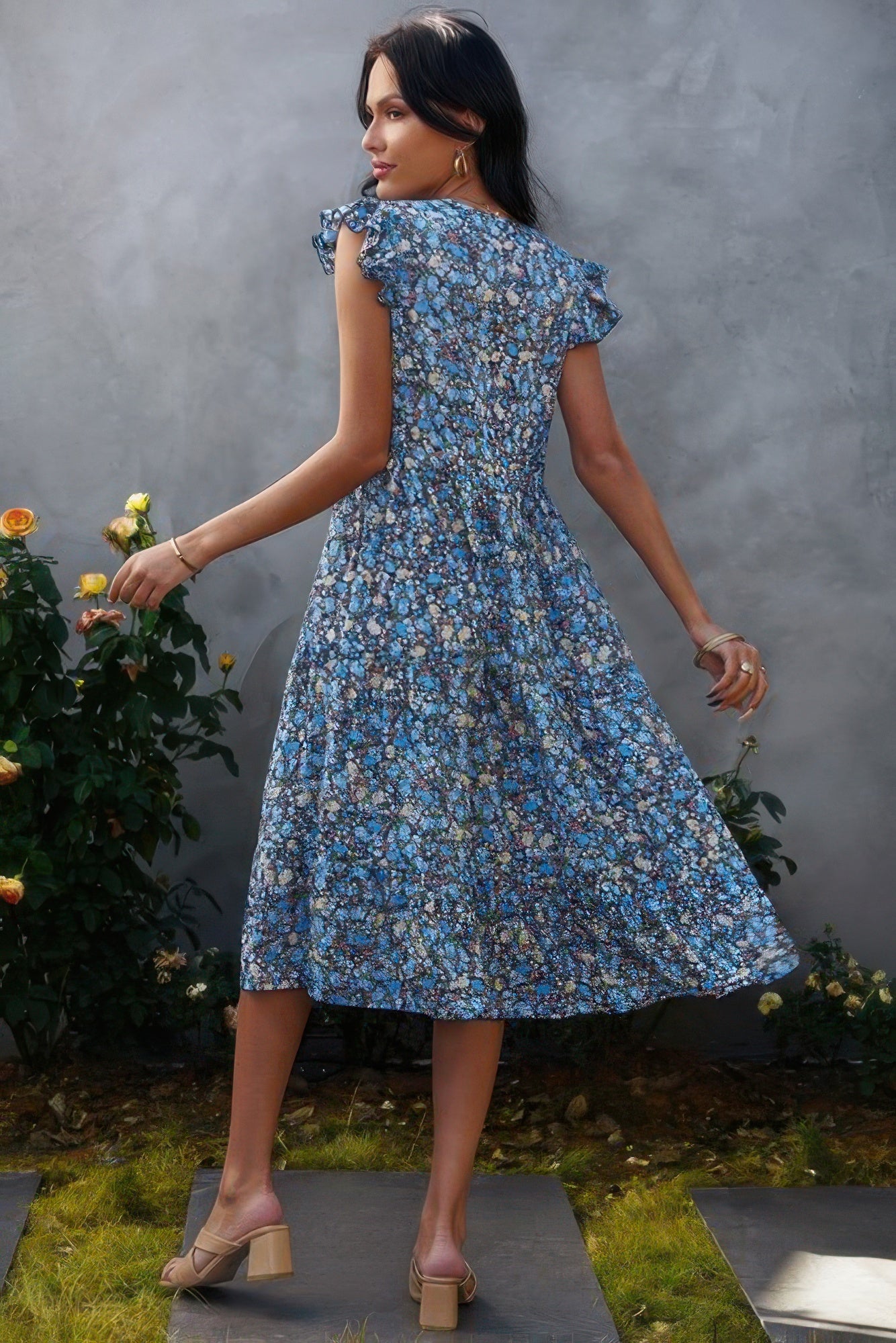 Boho Floral V Neck Ruffle Sleeve A Line Midi Dress product image