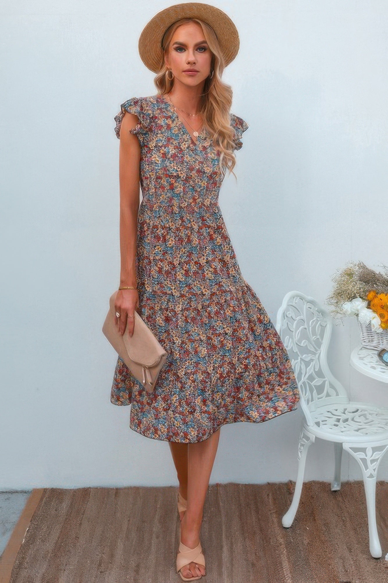 Boho Floral V Neck Ruffle Sleeve A Line Midi Dress product image