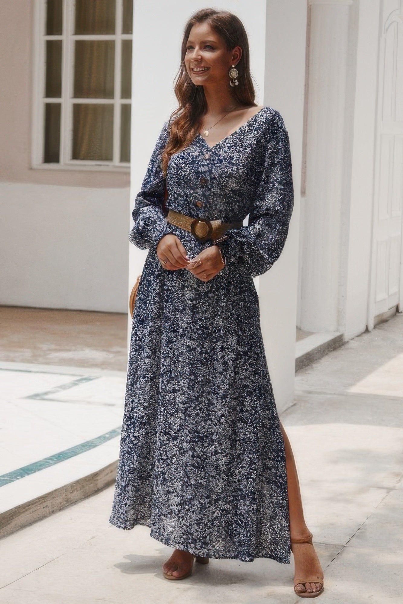 Floral V Neck Long Sleeve Full Dress product image