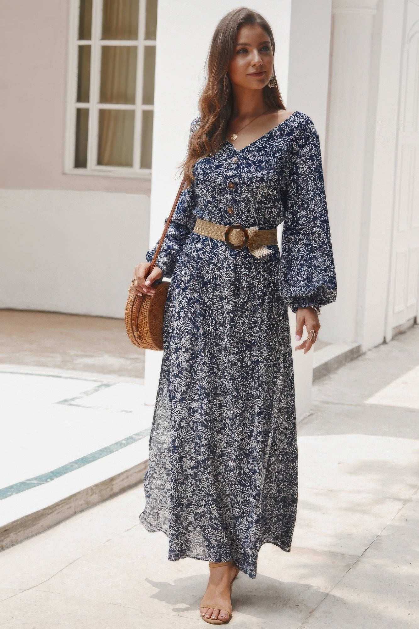 Floral V Neck Long Sleeve Full Dress product image