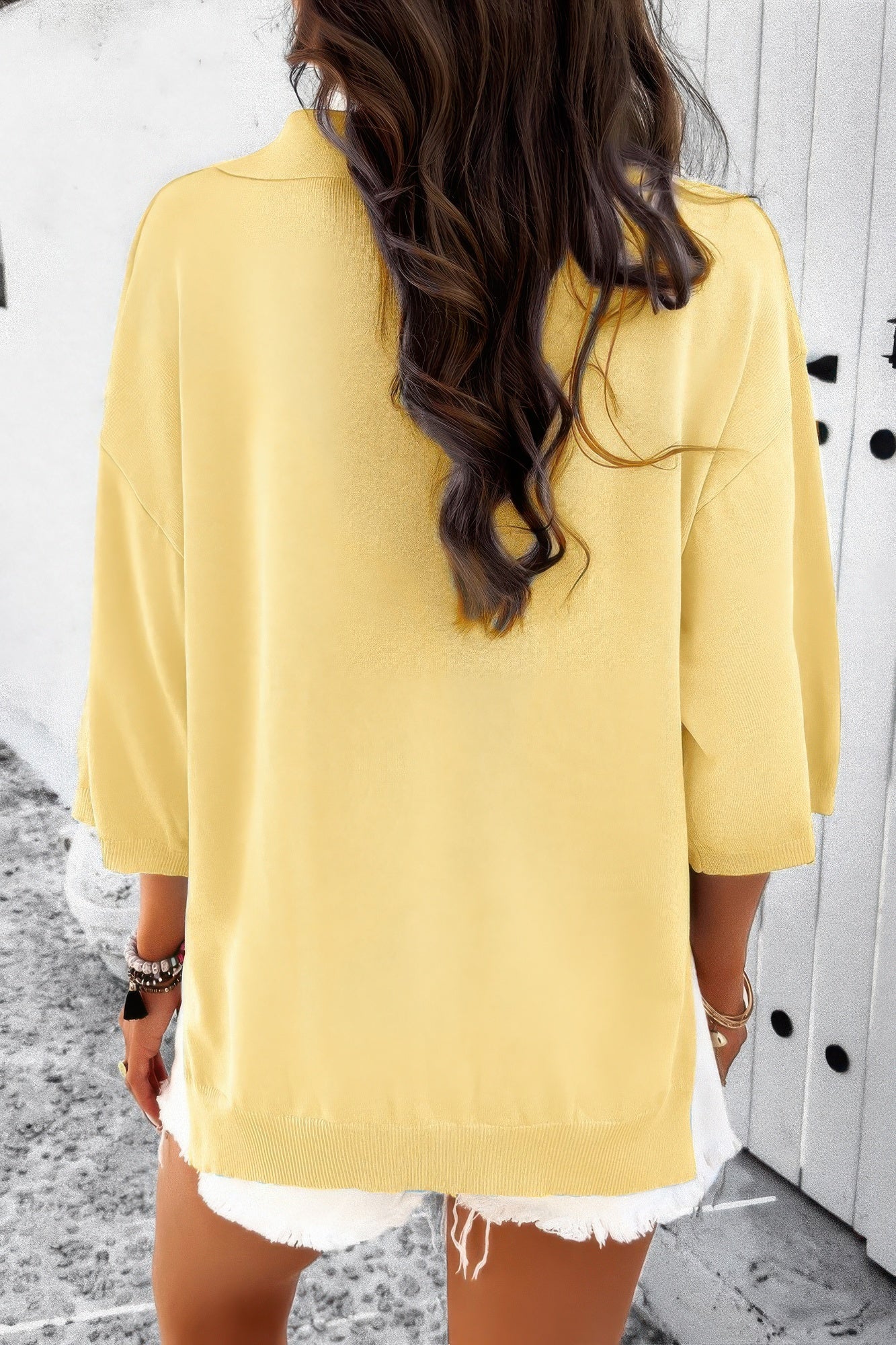 Solid Notched Collar V Neck Knit Short Sleeve Swea product image