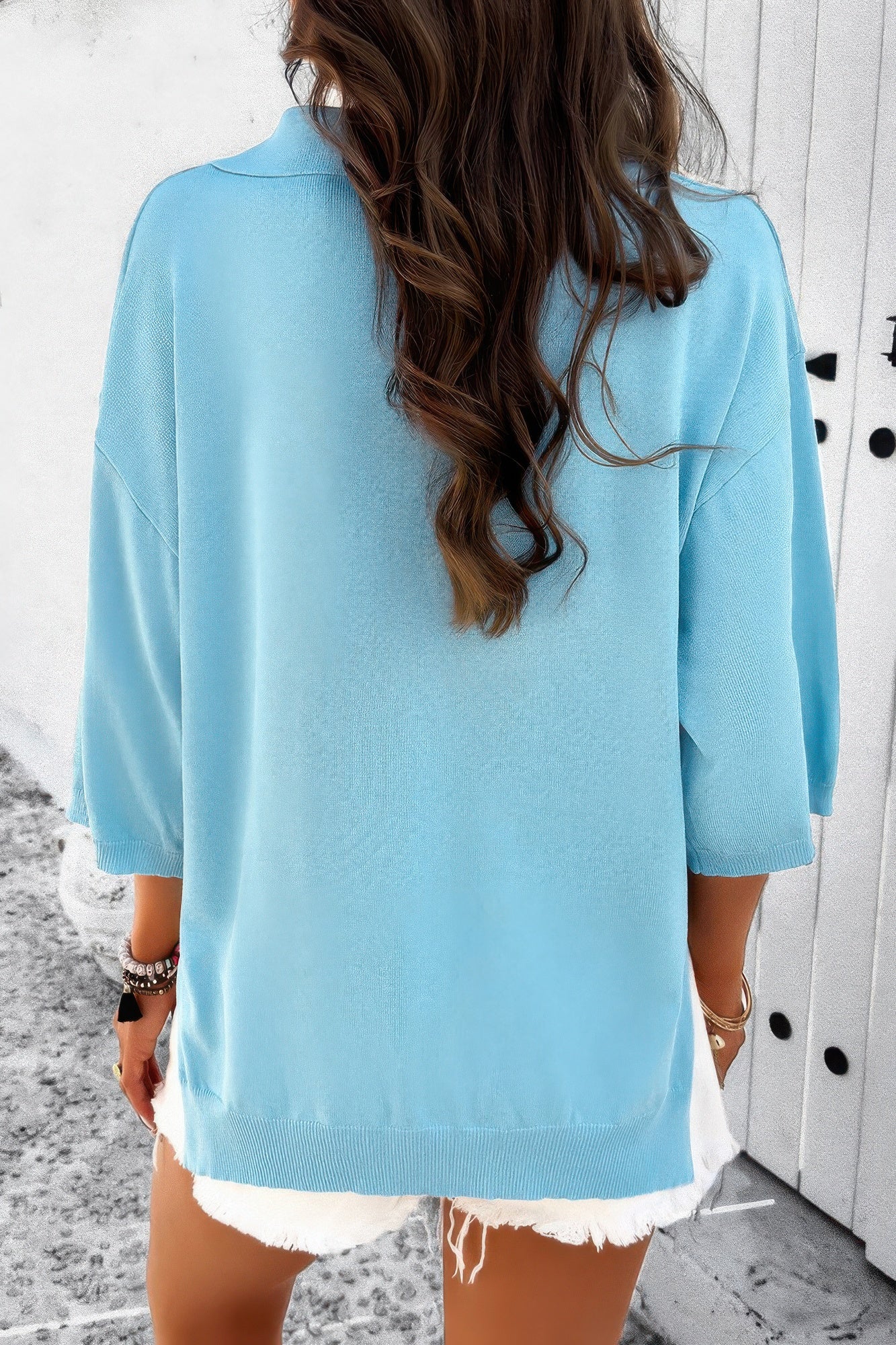 Solid Notched Collar V Neck Knit Short Sleeve Swea product image