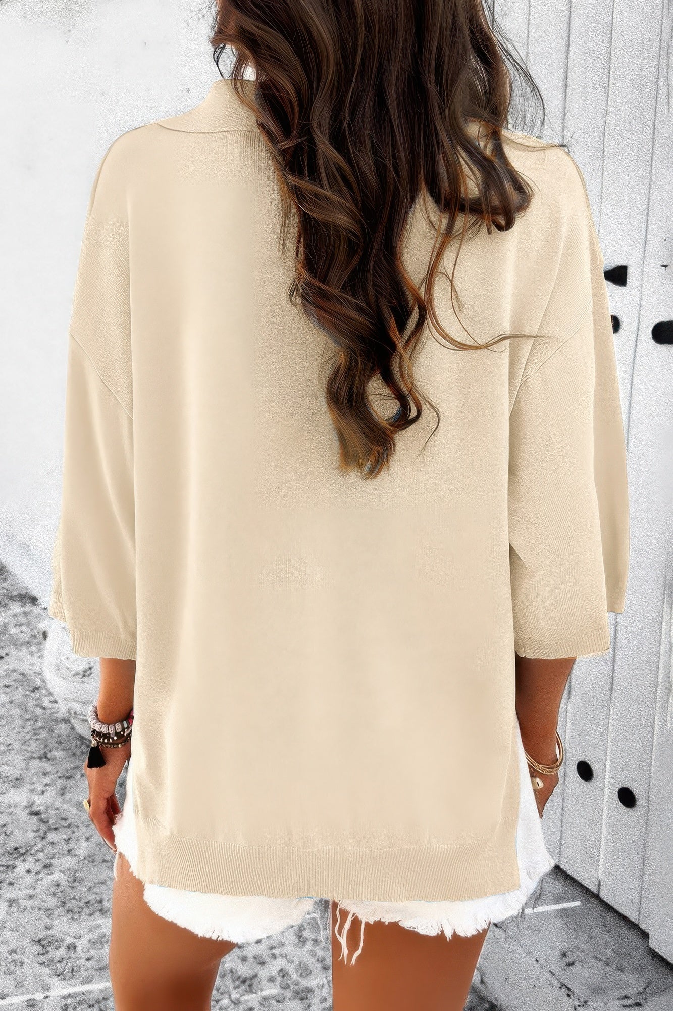 Solid Notched Collar V Neck Knit Short Sleeve Swea product image