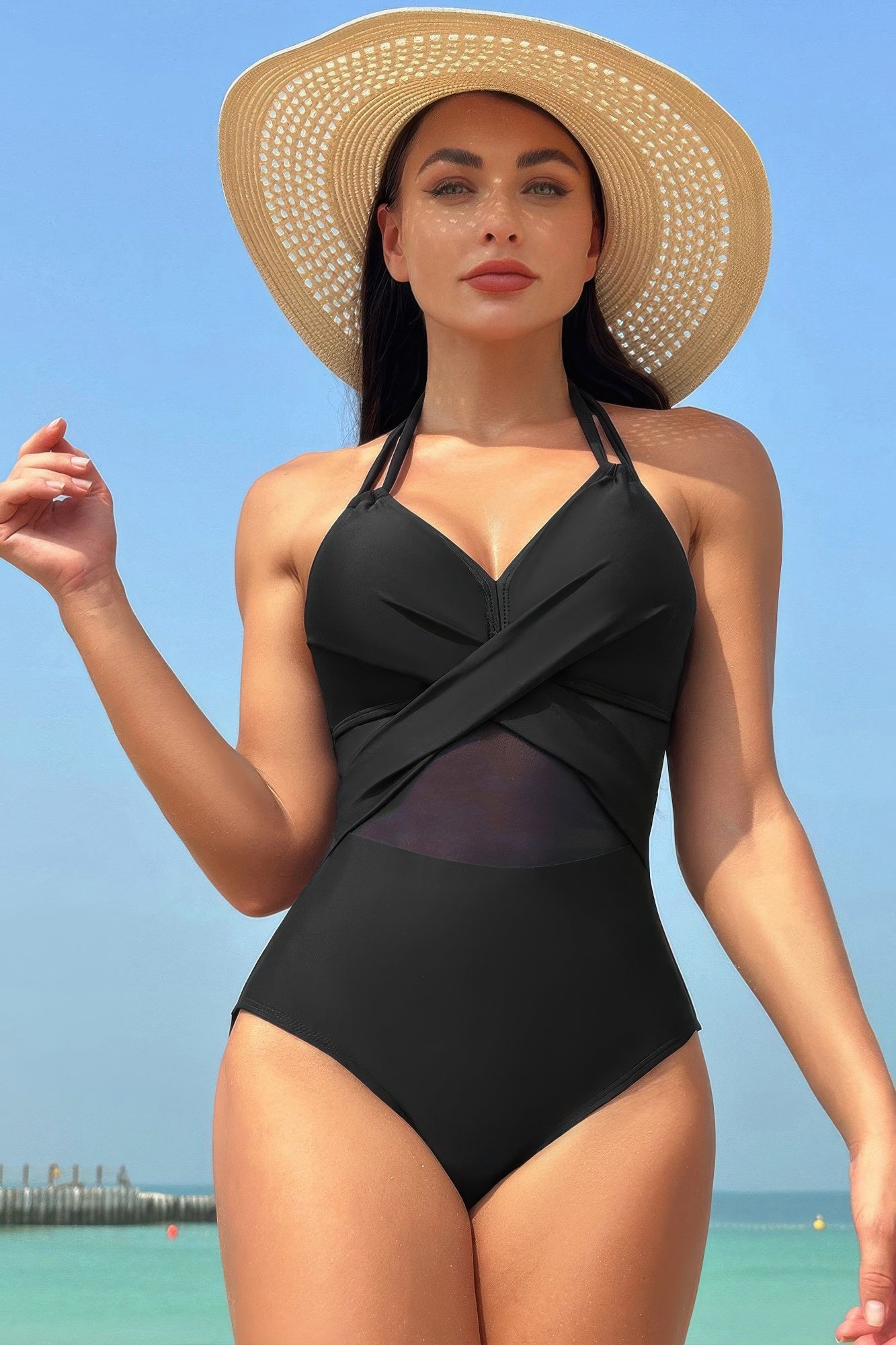 Color Block Halter Cross Lace One Piece Swimsuit product image