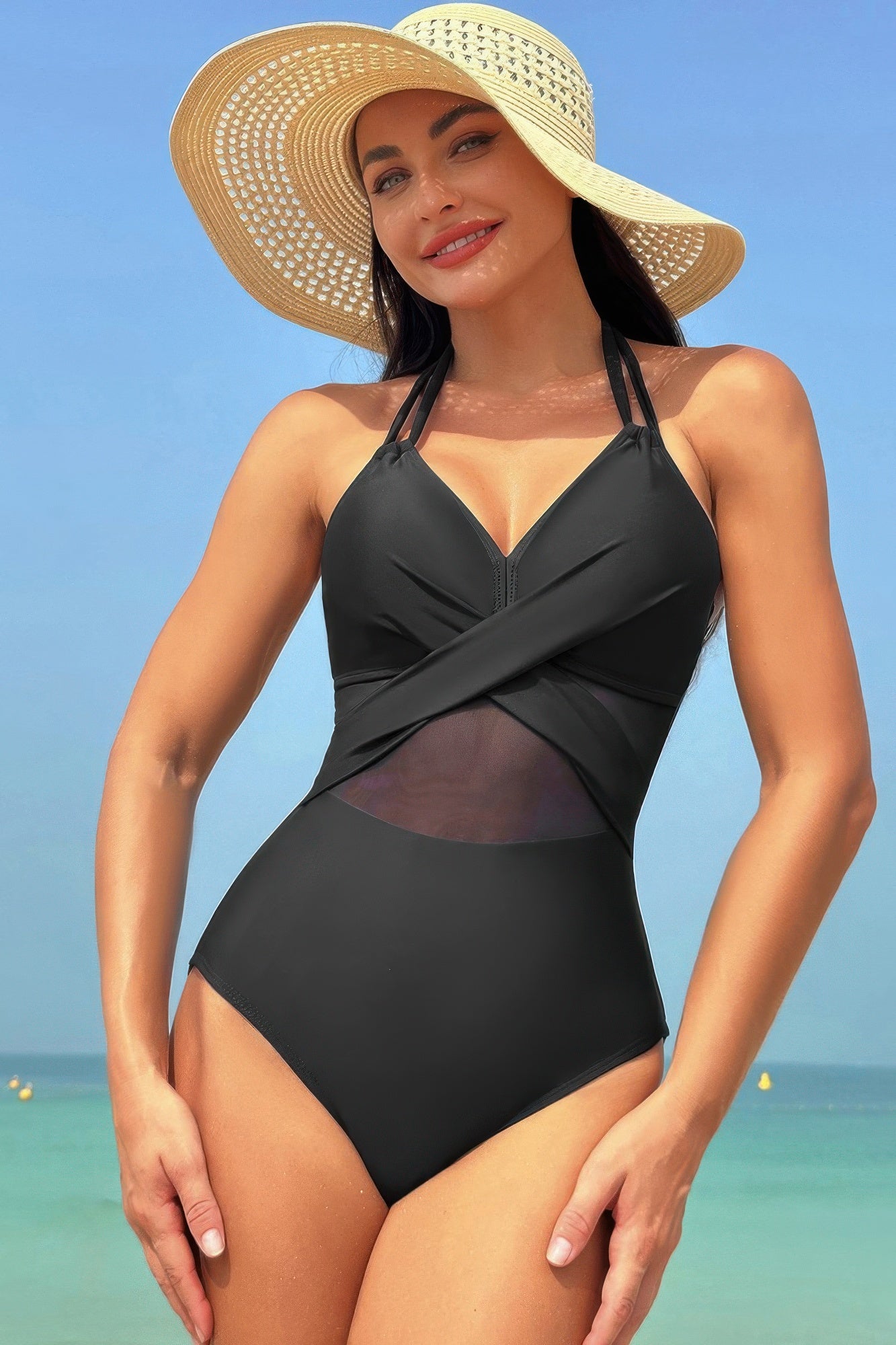 Color Block Halter Cross Lace One Piece Swimsuit product image