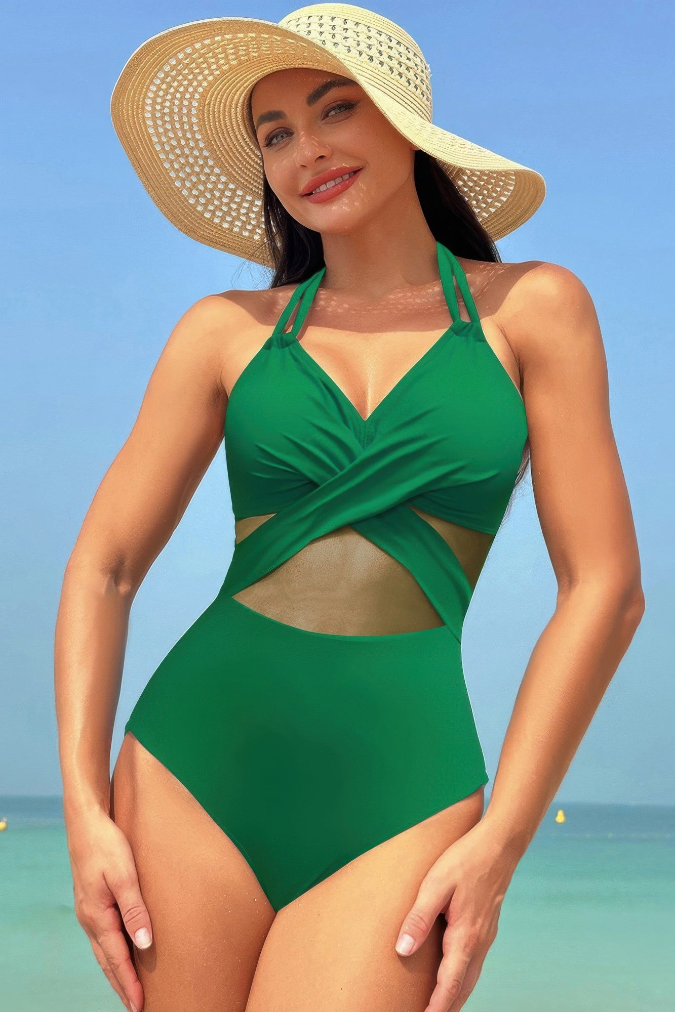 Color Block Halter Cross Lace One Piece Swimsuit product image