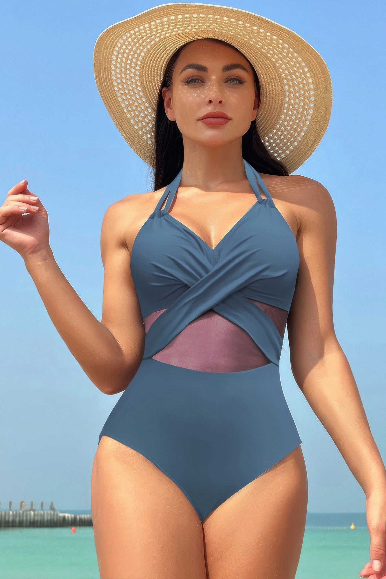 Color Block Halter Cross Lace One Piece Swimsuit product image