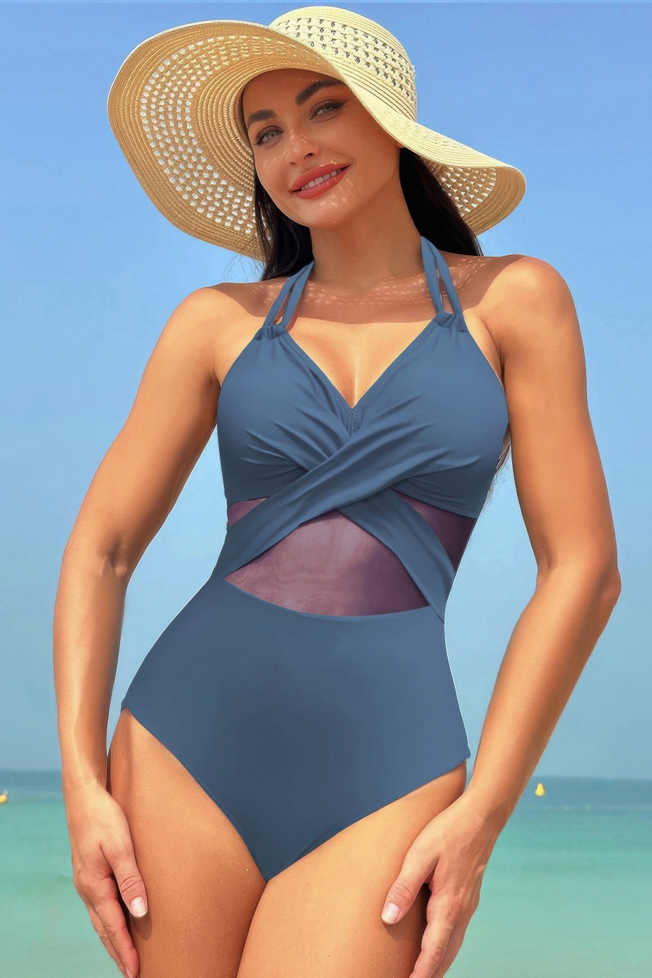 Color Block Halter Cross Lace One Piece Swimsuit product image