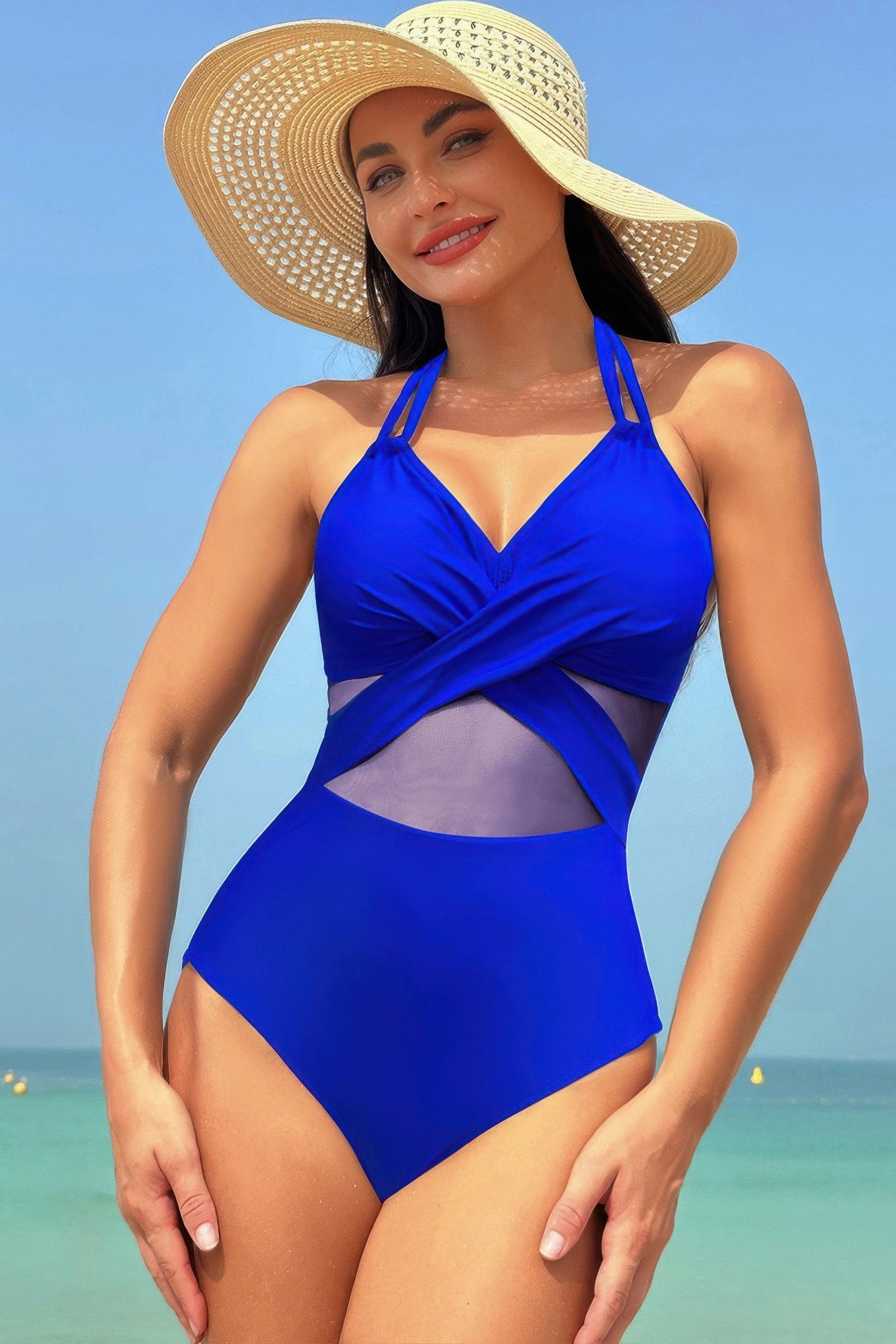 Color Block Halter Cross Lace One Piece Swimsuit product image