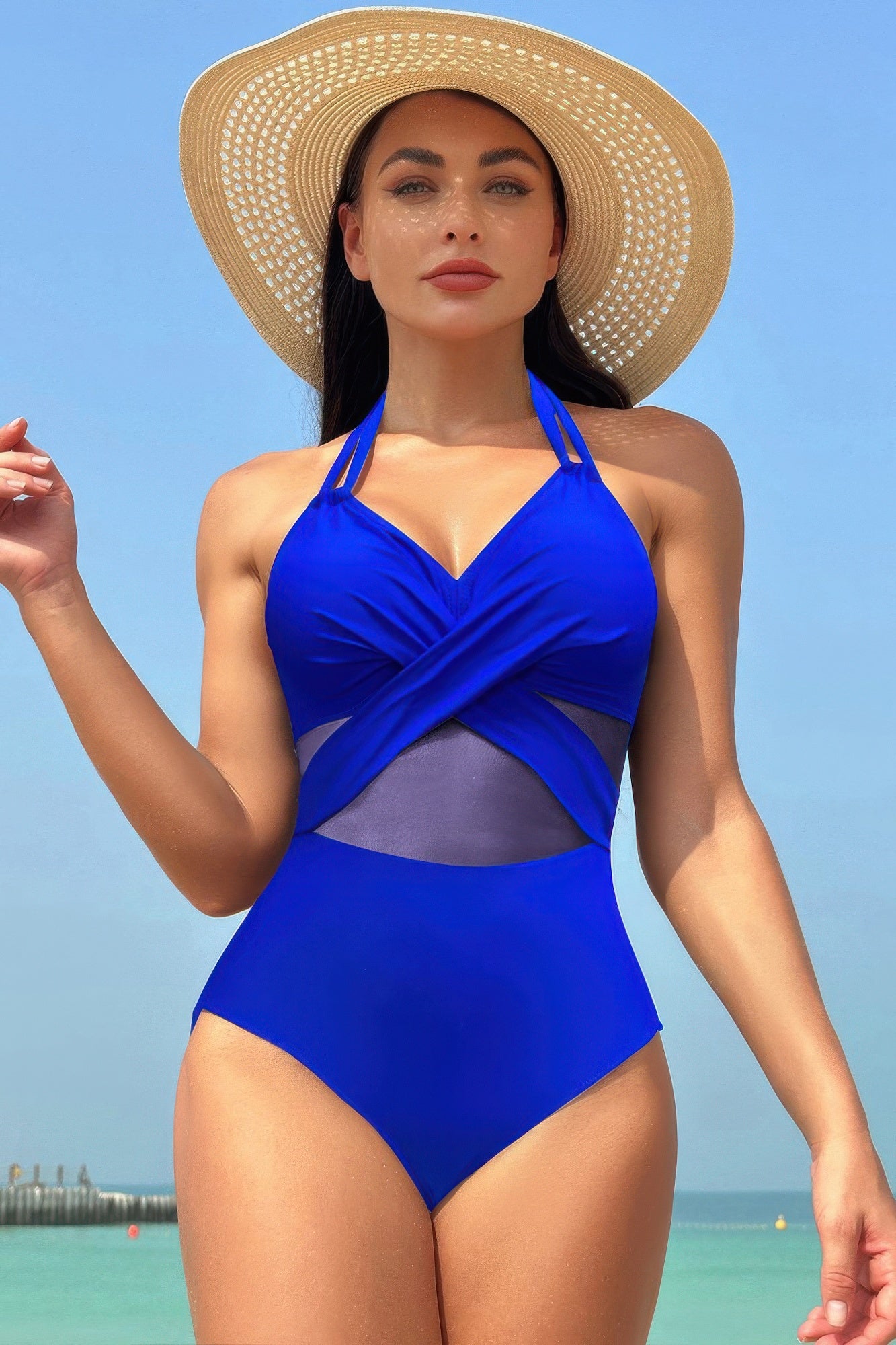 Color Block Halter Cross Lace One Piece Swimsuit product image