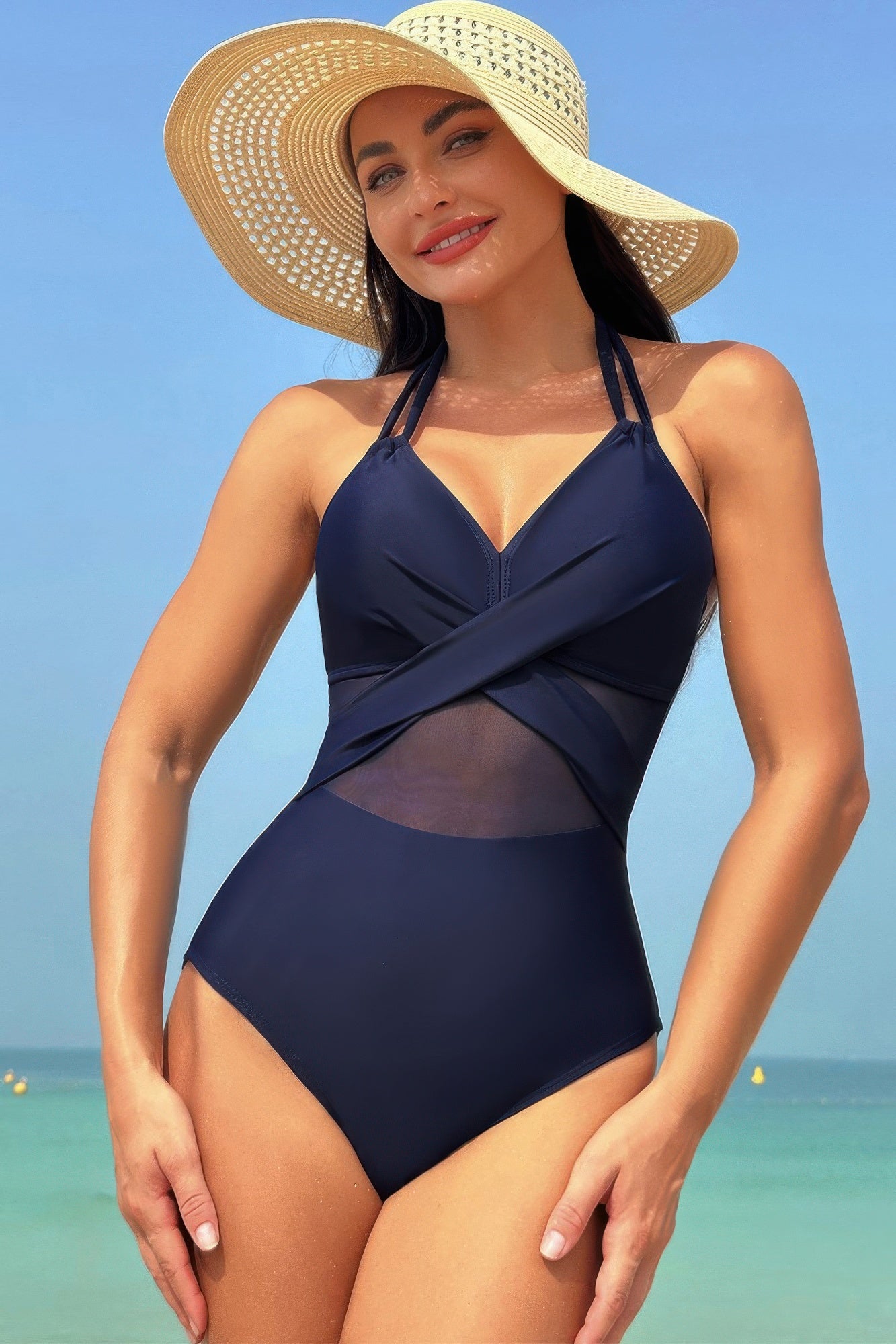 Color Block Halter Cross Lace One Piece Swimsuit product image