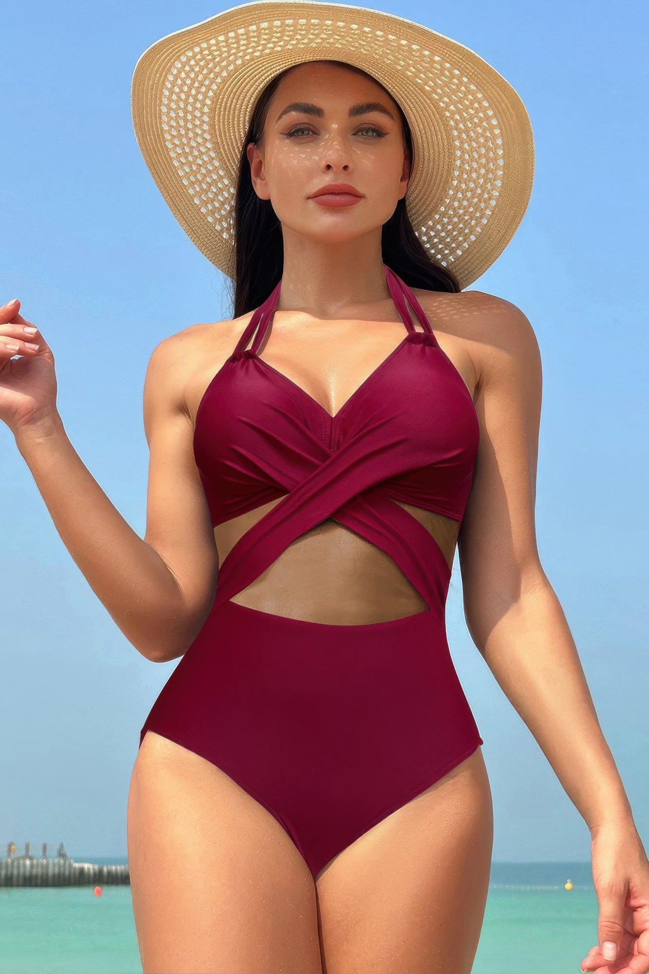 Color Block Halter Cross Lace One Piece Swimsuit product image