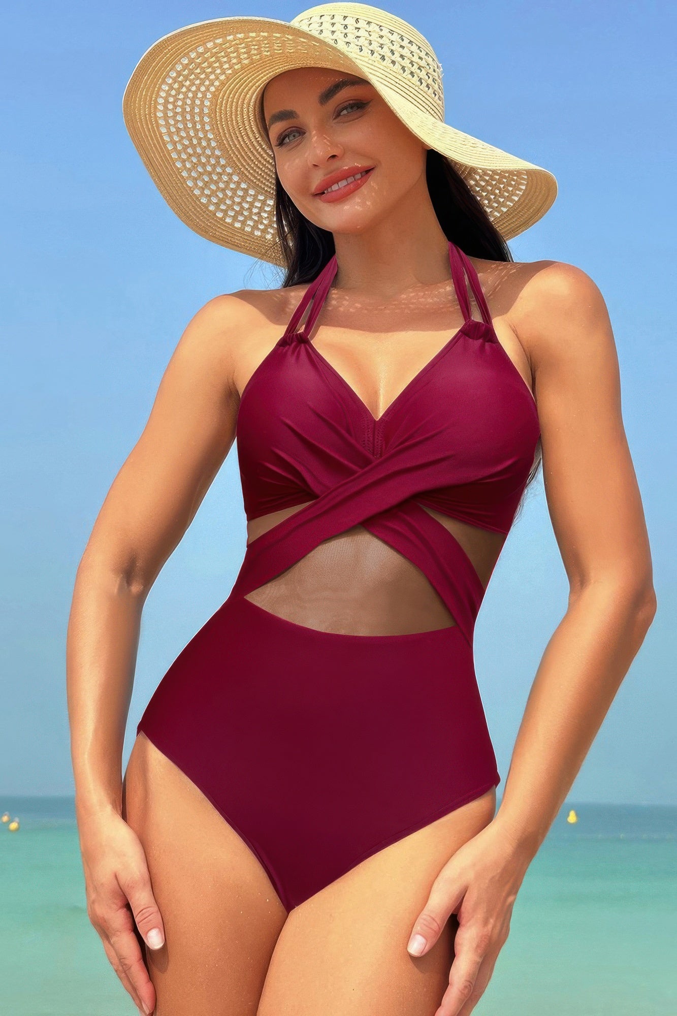 Color Block Halter Cross Lace One Piece Swimsuit product image